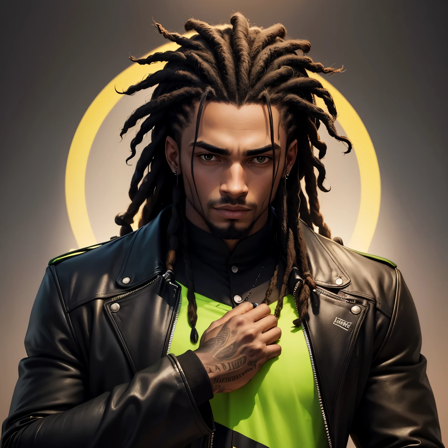 Créez un logo avec la tête d’un homme noir avec des dreadlocks de couleurs noires, vert, jaune et rouge (Impatient) , Logo Style Image , sobre, (fond noir), Image avec une résolution d’au moins 300 dpi, UHD 8K, Très haute qualité pour une excellente impression. Éclairage qui met en valeur la figure par rapport à l’arrière-plan