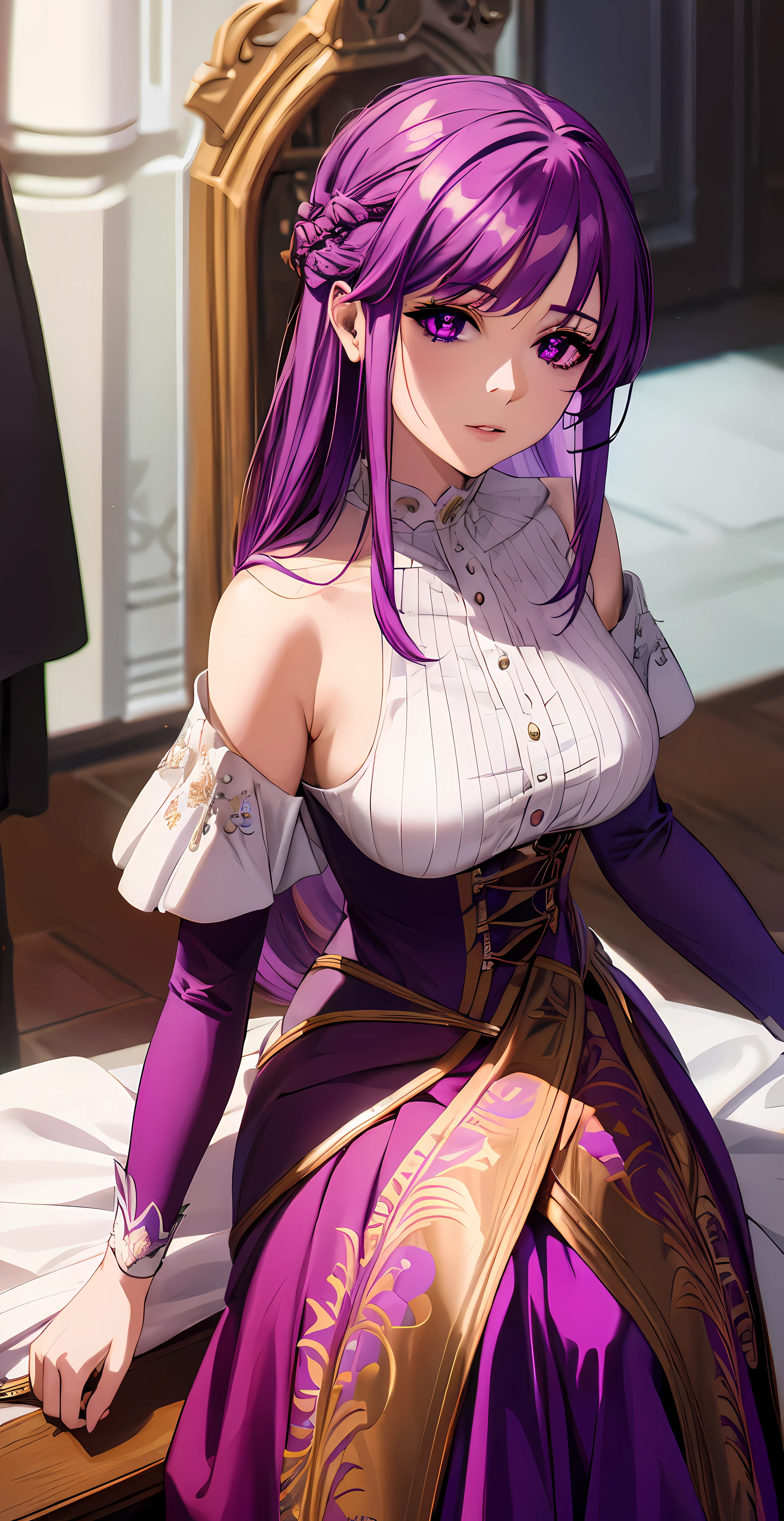 woman in a white dress with purple hair, purple eyes extremely detailed, feminine, high detail, anime illustration,  8k high quality detailed art, beautiful alluring, royal elegant pose