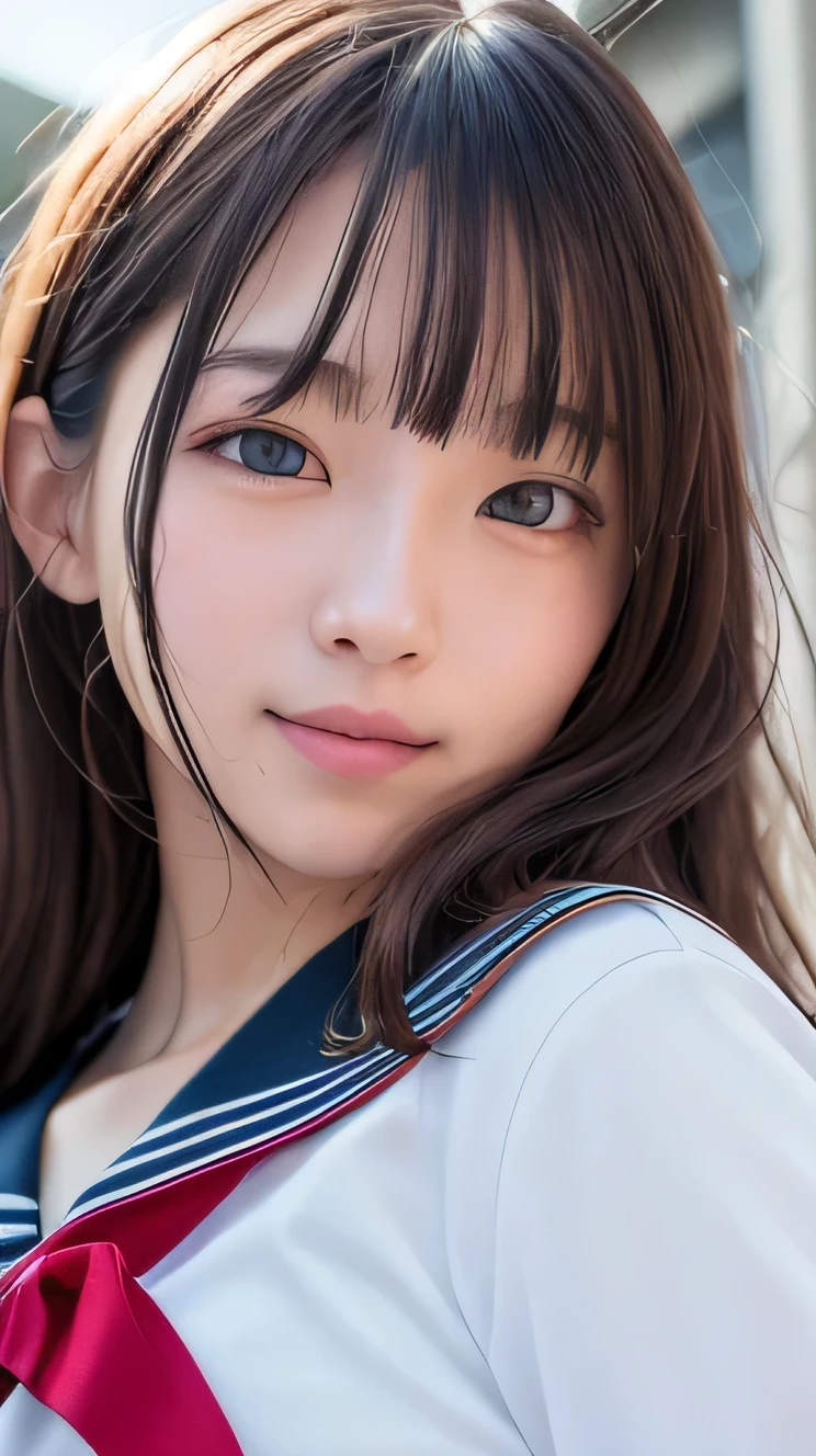 (masterpiece, highest quality:1.2), 8K, official art, RAW photo, incredibly absurd, (Upper body, sailor suit, serafuku:1.4), beautiful girl, cute face, (charming smile:1.2), arch back, (navy pleated skirt:1.1), close, school uniform, short sleeve, gardenia, violaces, Ten generations, street, looking at the viewer, no makeup, film grain, chromatic aberration, sharp focus, face light, dynamic lighting, cinematic lighting, detailed eyes and face, background bokeh