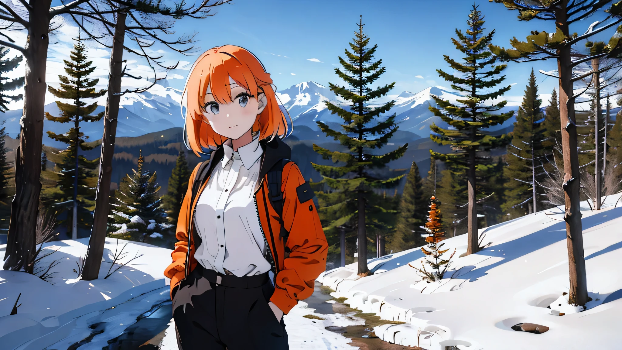 jeune femme, 28 ans, rousse, neige, montagne, pantalon blanc, Manteau noir, chemise orange, lac, forest