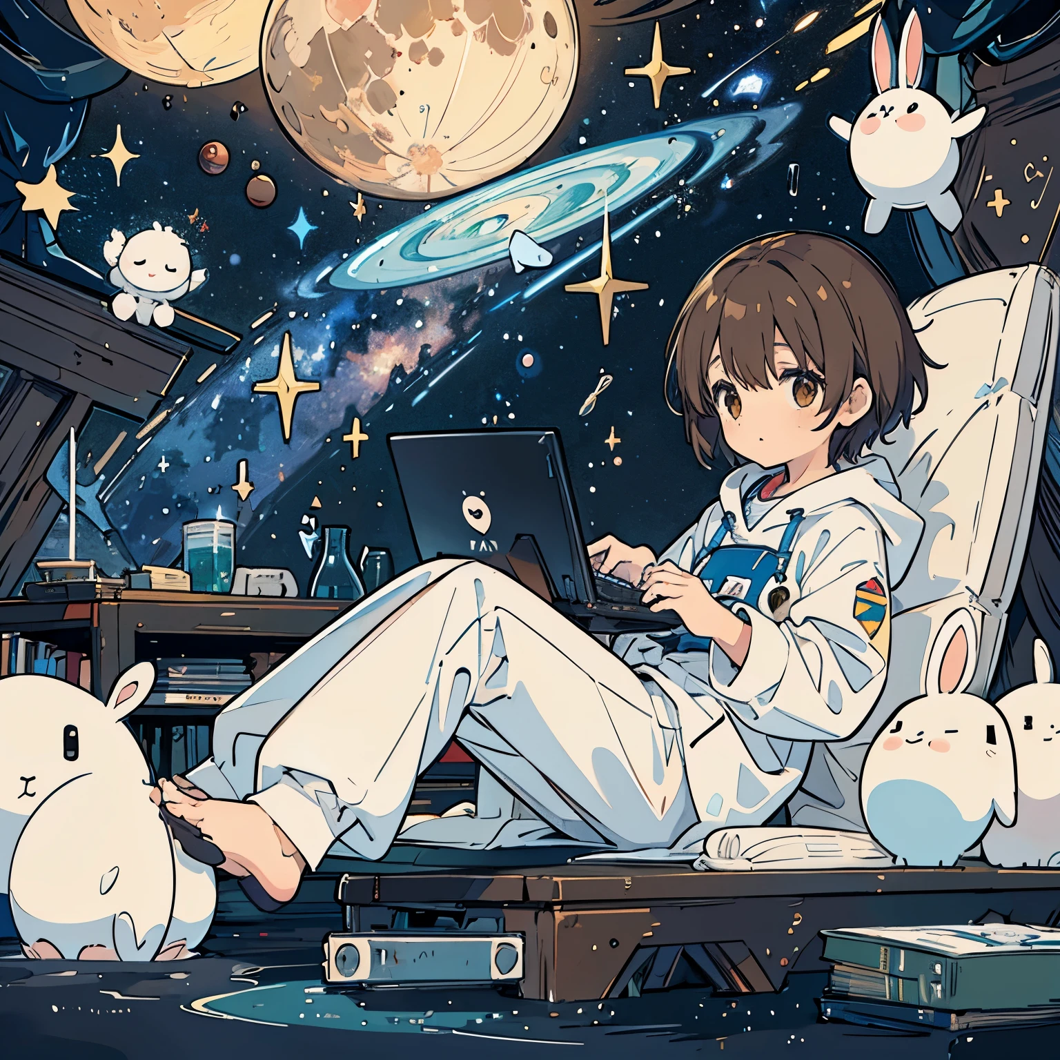 A 5--old wn-haired boy wearing white pajamas is programming using a computer. Stuffed rabbit, space, planets, moon, stars, Milky Way, shooting stars,