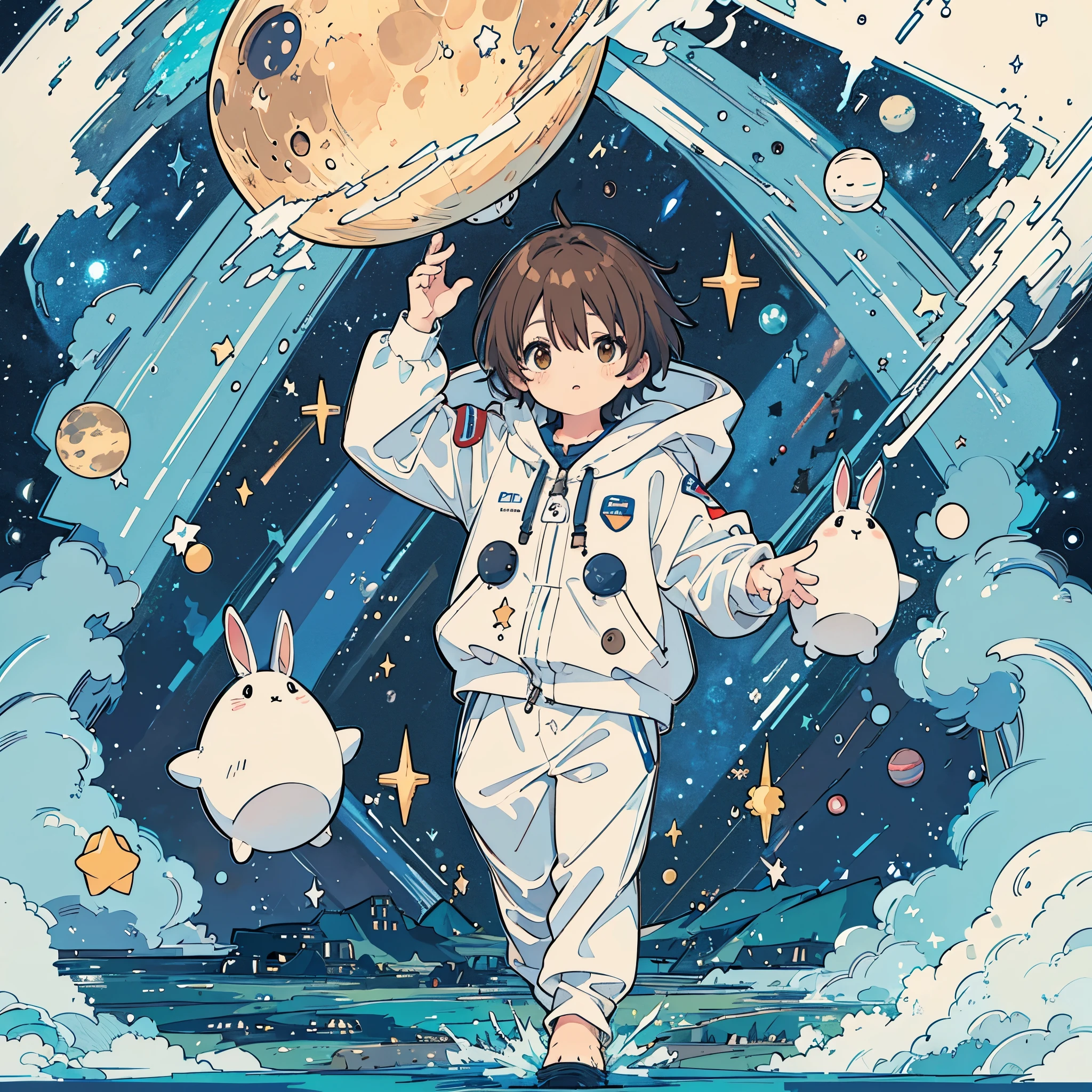A 5-year-old brown-haired boy wearing white pajamas is programming using a computer. Stuffed rabbit, space, planets, moon, stars, Milky Way, shooting stars,