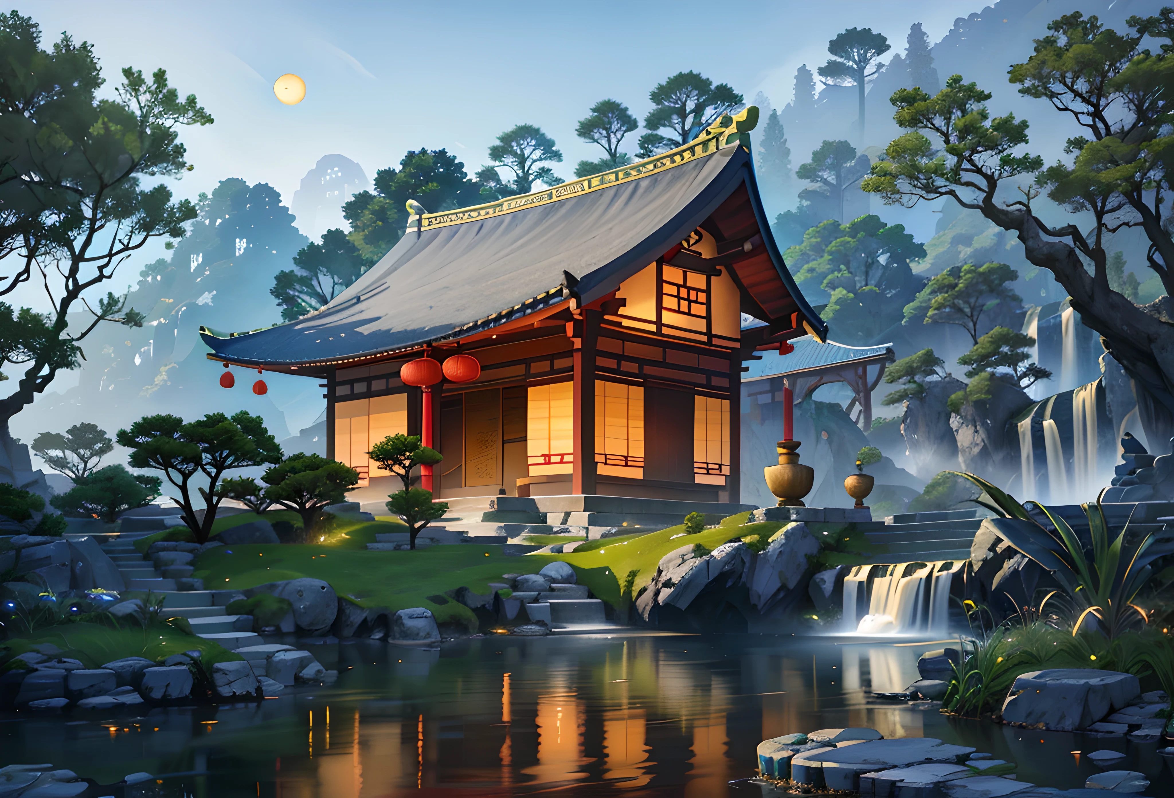 Ancient Chinese arcoitecture, cores legais, noite escura, Lua, jardim, bambu, lago, ponte de pedra, pedraery, arco, canto, tree, running water, paisagem, ar livre, cachoeira, grama, pedra, dentes densos, (illustration: 1.0) , Epic composition, Detalhes HD, obra de arte, melhor qualidade, (muito detalhado CG unidade 8k wallpapers) --at 6