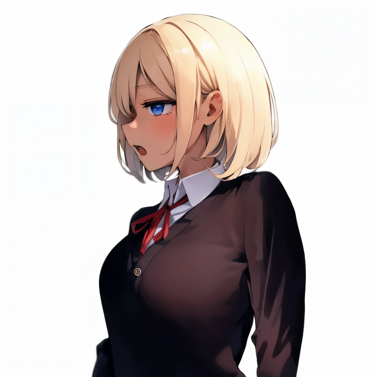 open mouth,(Profile,From side:1.2),
Break, Head tilt, standing, solo, Upper body
,BREAK,gal,1Girl, jitome, blue eyes, hair over one eye, large breasts
BREAK, chocolate brown skin, dark skin, tan
BREAK, blonde hair, bob cut
BREAK ,School Uniforms,sleeves past wrists, check skirt ,brown cardigan is fit body,inner wear is white collared-shirt, unbuttoned, BREAK, uniform red ribbon,