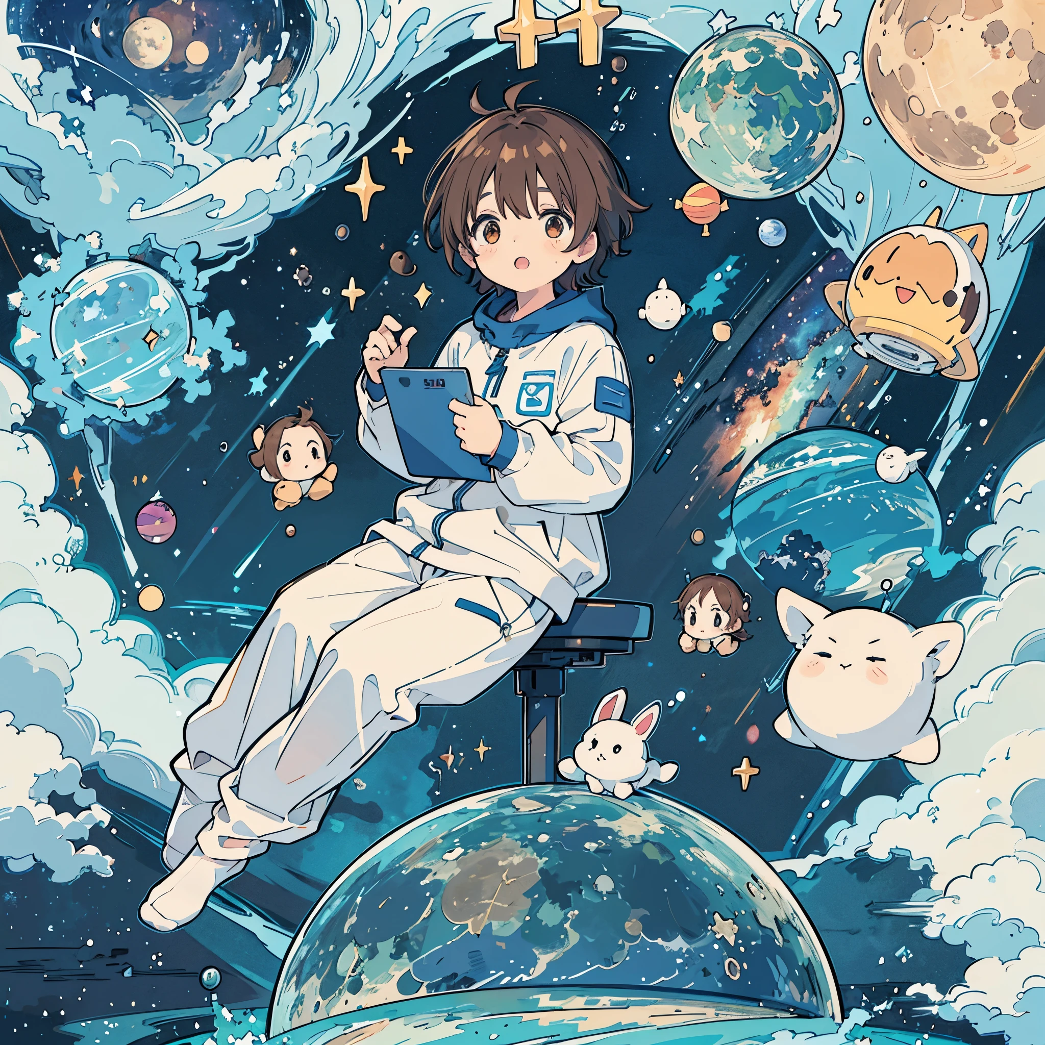 A 5-year-old brown-haired boy wearing white pajamas is programming using a computer. Stuffed rabbit, space, planets, moon, stars, Milky Way, shooting stars,