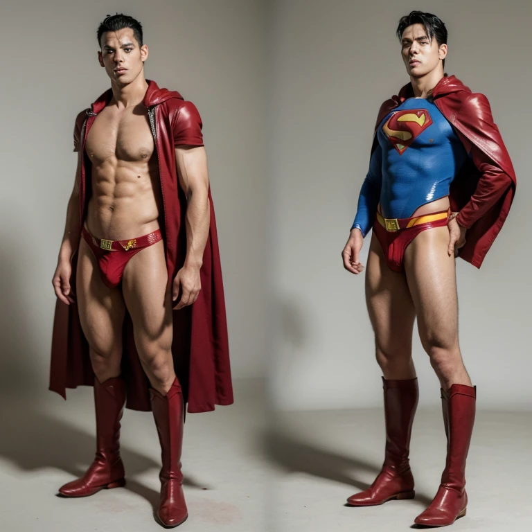 best quality, ultra high res, photo,realistic, detailed background,mature white male,(superman blue cotton union suit:1.1),(red ?????:1.5),blue skin tights pants,??????,black hair,age 30,perfect face, super handsome face, perfect face, clean face,black hair,(expression of pain:1.7),(torn clothes:1.4),(??? dripping out of:1.1),body hair,red superman leather boots,yellow belt,pot belly,bulge,eye close,standing,red cloak,pectorals grab
