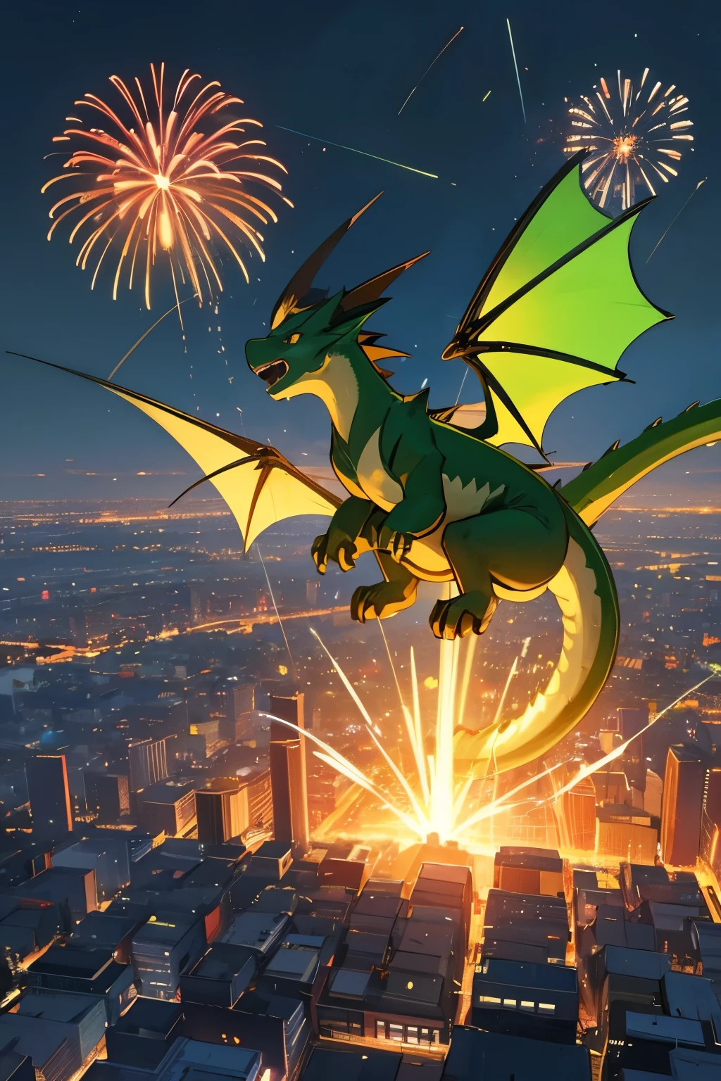 Big fireworks over the city, night, little green dragons fly in the sky, 4k, Ultra-Quality 