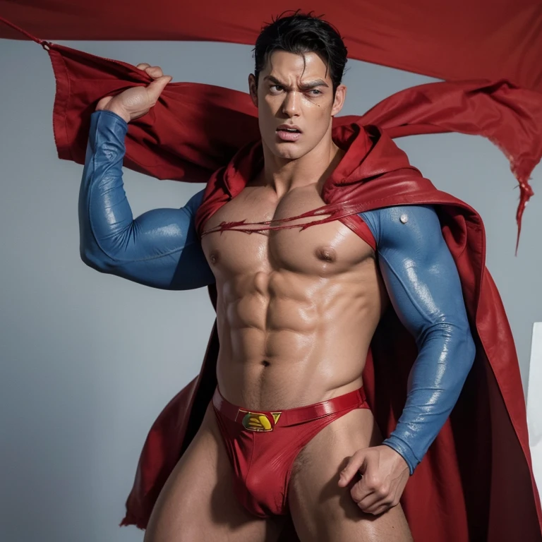 best quality, ultra high res, photo,realistic, detailed background,mature white male,(superman blue cotton union suit:1.1),(red thong:1.5),blue skin tights pants,nipple,black hair,age 30,perfect face, super handsome face, perfect face, clean face,black hair,(expression of pain:1.7),(torn clothes:1.4),(cum dripping out of:1.1),body hair,red superman leather boots,yellow belt,pot belly,bulge,eye close,standing,red cloak,pectorals grab
