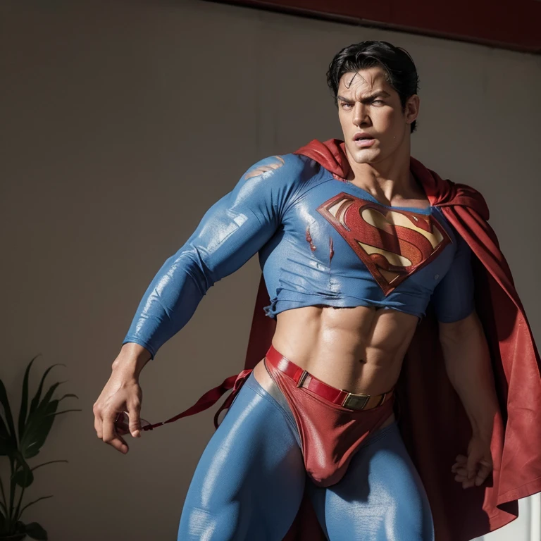 best quality, ultra high res, photo,realistic, detailed background,mature white male,(superman blue cotton union suit:1.1),(red thong:1.5),blue skin tights pants,nipple,black hair,age 30,perfect face, super handsome face, perfect face, clean face,black hair,(expression of pain:1.7),(torn clothes:1.4),(cum dripping out of:1.1),body hair,red superman leather boots,yellow belt,pot belly,bulge,eye close,standing,red cloak,pectorals grab
