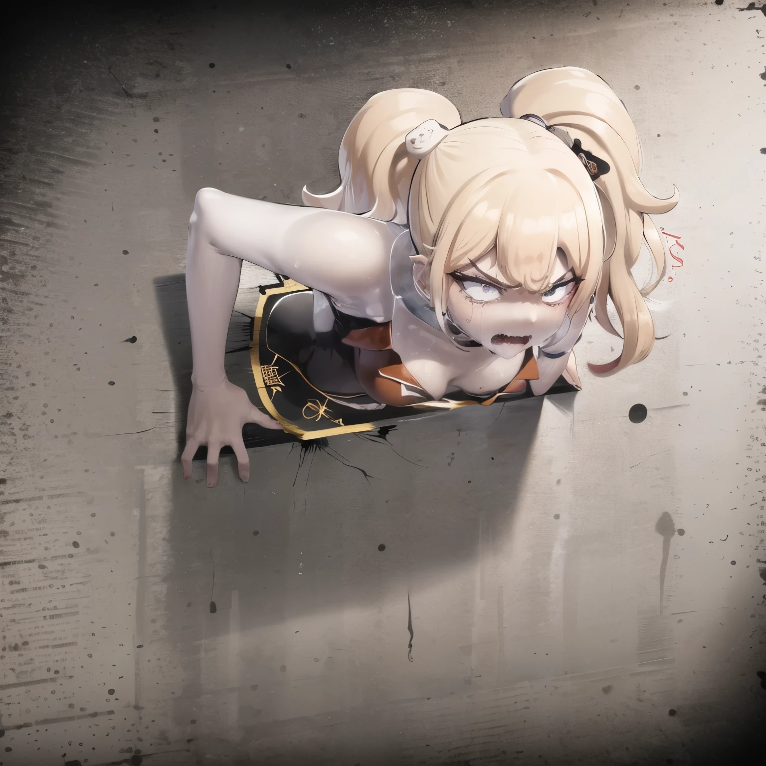 glory wall anime style, masterpiece, best quality, absurdres, 1girl blonde, (angry, troubled eyebrow), looking at viewer, glory wall, through wall, stuck, wooden wall, enoshima junko, side bangs, forehead mark, red hairband, red sleeveless dress, sweat, messy hair