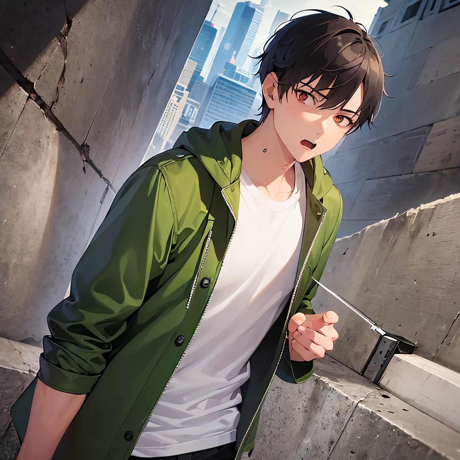 cinematic angle, masterpiece、high quality、25 year old male with short black hair and orange eyes、(wearing a green trench:1.3), wearing a white shirt、(Alone:1.5)、(surprised:1.3)、(Only the upper body is shown.:1.3)、The background is outside the building area