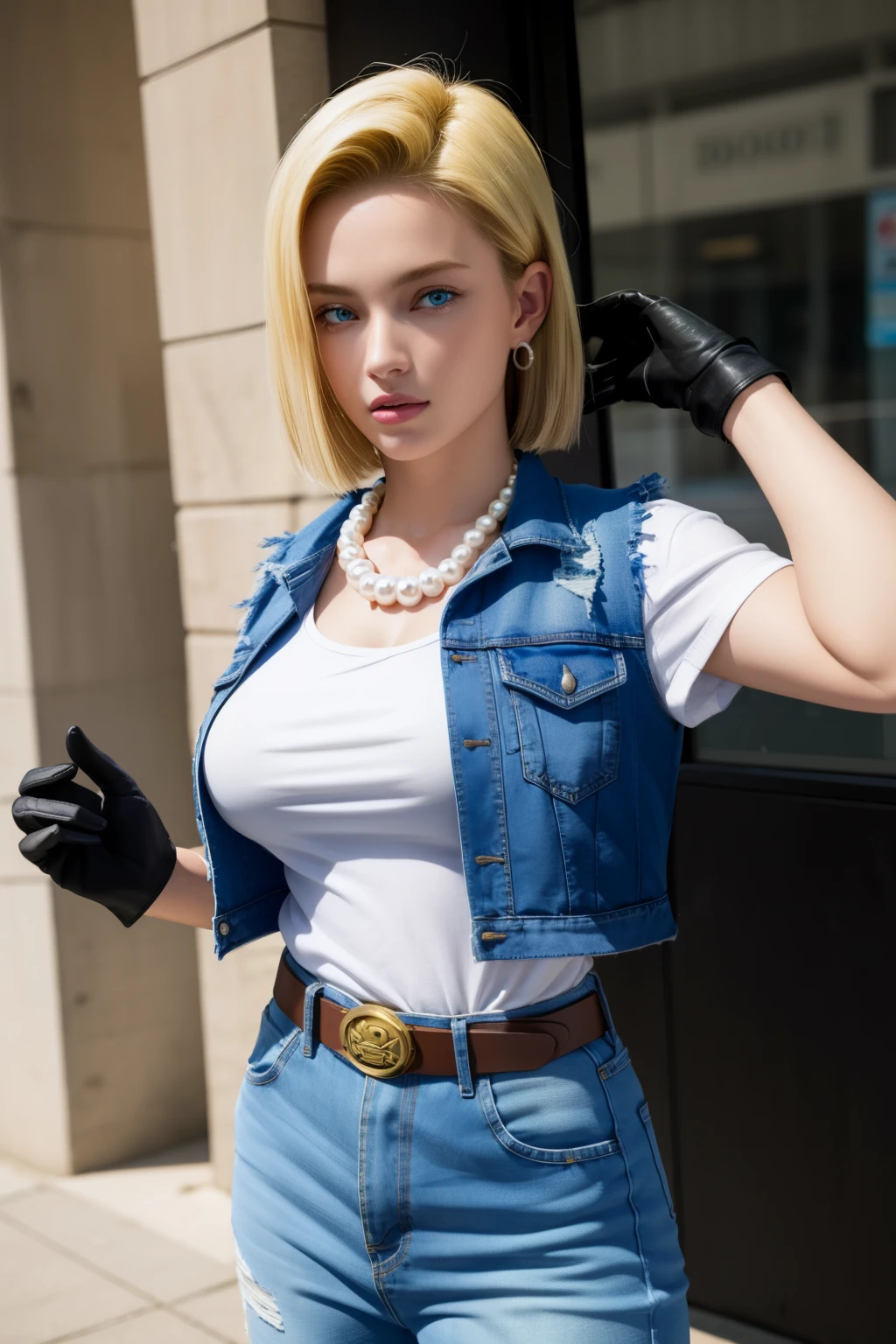 Top quality, size 18, 1 girl, android 18, solo, black vest, big breasts, cowboy shot, street, straight, blonde hair, blue eyes, belt, jeans, pearl necklace, bracelet, black gloves, white shirt, short hair, short sleeves, earrings, blue pants, open vest, black vest, big breasts, cowboy shot, street, straight,