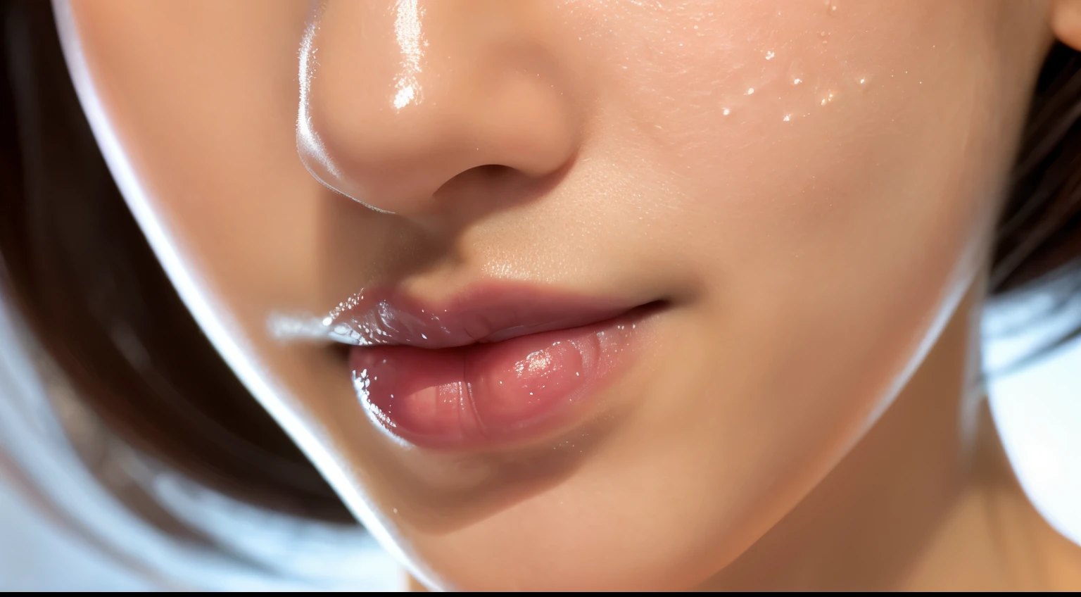 A nose that shines and shines in the light, shiny oiled skin, shiny oiled nose, oily nose, Shiny nose, Shiny nose, oil skin, goosebumps, pores, realistic skin, nose bridge, shiny nose, Face close-up, 顔のpores, full face close-up, white skin, lip, big nose, high nose