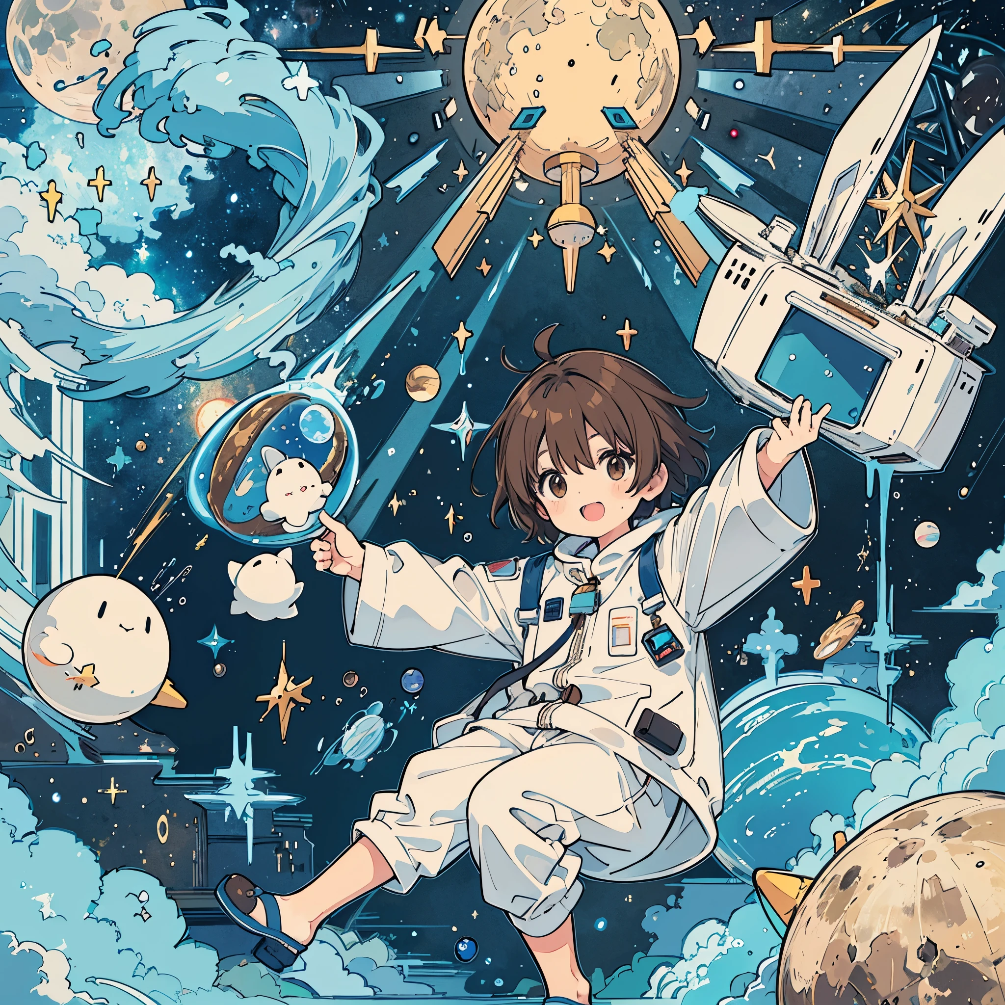 A 5--old wn-haired boy wearing white pajamas is building a spaceship. Stuffed rabbit, space, planets, moon, stars, Milky Way, shooting stars,