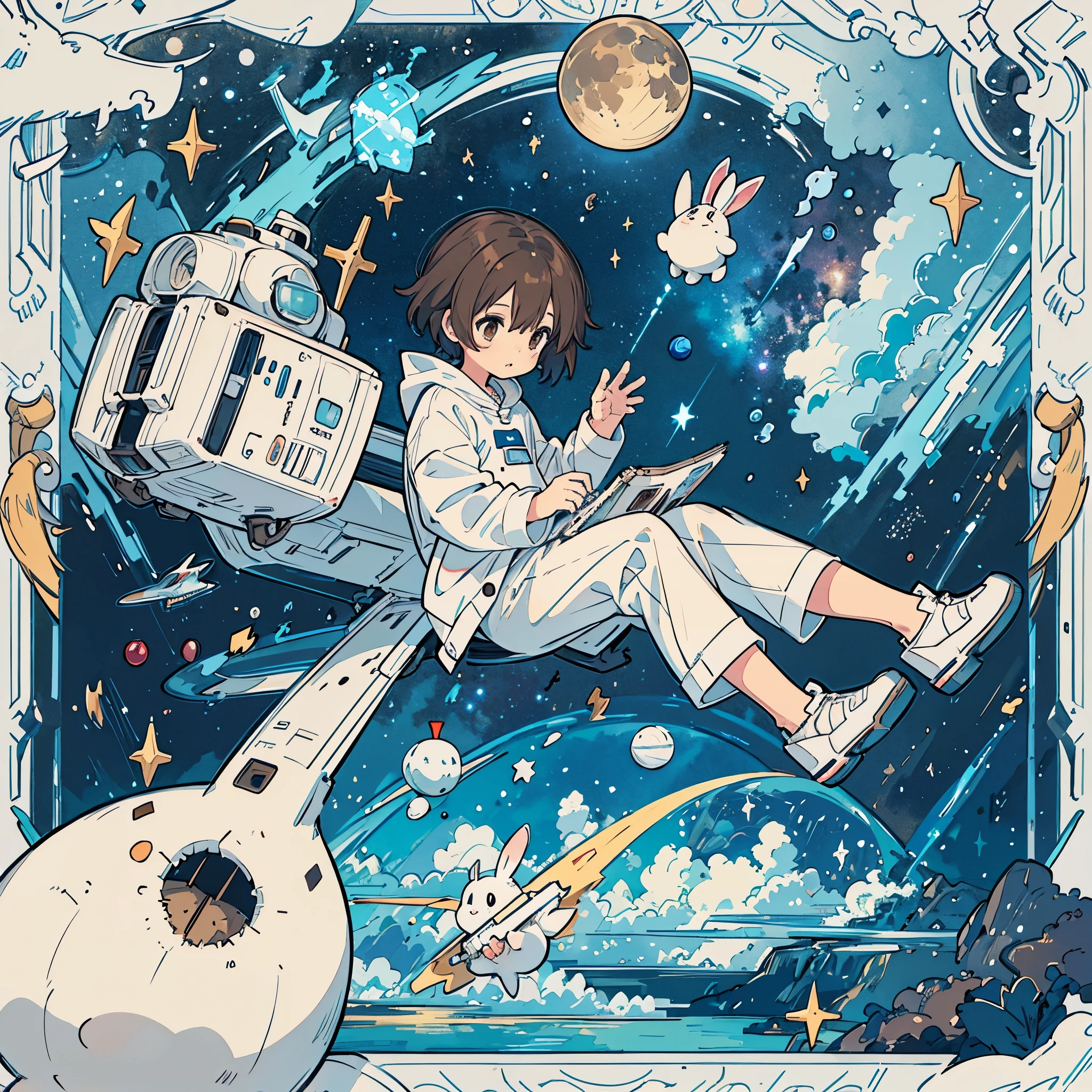 A 5-year-old brown-haired boy wearing white pajamas is building a spaceship. Stuffed rabbit, space, planets, moon, stars, Milky Way, shooting stars,