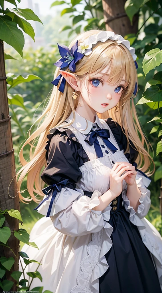 (masterpiece)、(highest quality)、(highest quality)、（watercolor painting:1.5）、（Pigment thin:1.5）、1 girl、elf、slender、small breasts、white skin、blonde、blue eyes、Cute eyes、colorful lilies and plants、Bokeh、Show off your delicate and beautiful figure、magical colors and atmosphere、soft light、Blue Lolita Fashion
