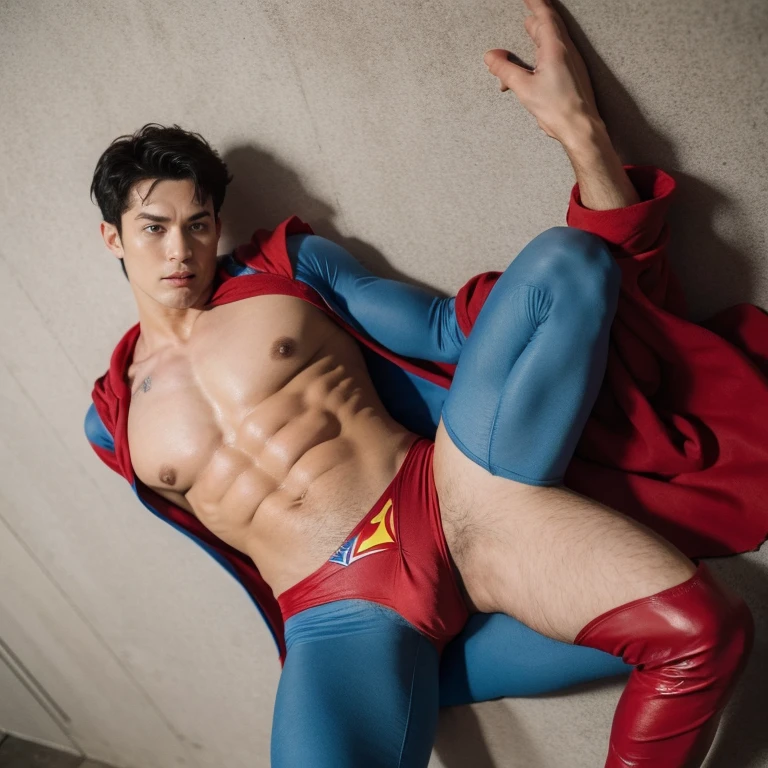 best quality, ultra high res, photo,realistic, detailed background,mature white male,(superman blue cotton union suit:1.1),(red thong:1.5),blue skin tights pants,nipple,black hair,age 30,perfect face, super handsome face, perfect face, clean face,black hair,(expression of suffering:1.4),(torn clothes:1.4),(cum dripping out of:1.1),body hair,red superman leather boots,yellow belt,pot belly,bulge,eye close,lying,red cloak,pectorals grab, tied , bind
