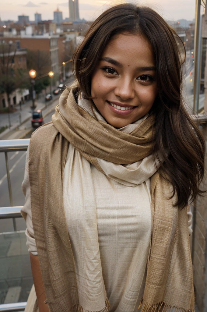 woman, tan shawl, fully covered in drapes, flowing golden scarf, sweet smile, lovely look, rosy cheeks. brown skin, candid picture, beautiful face, city in the background