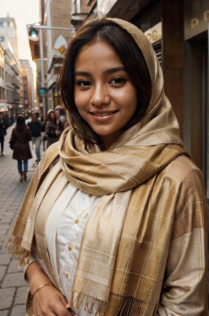 woman, tan shawl, fully covered in drapes, flowing golden scarf, sweet smile, lovely look, rosy cheeks. brown skin, candid picture, beautiful face, city in the background