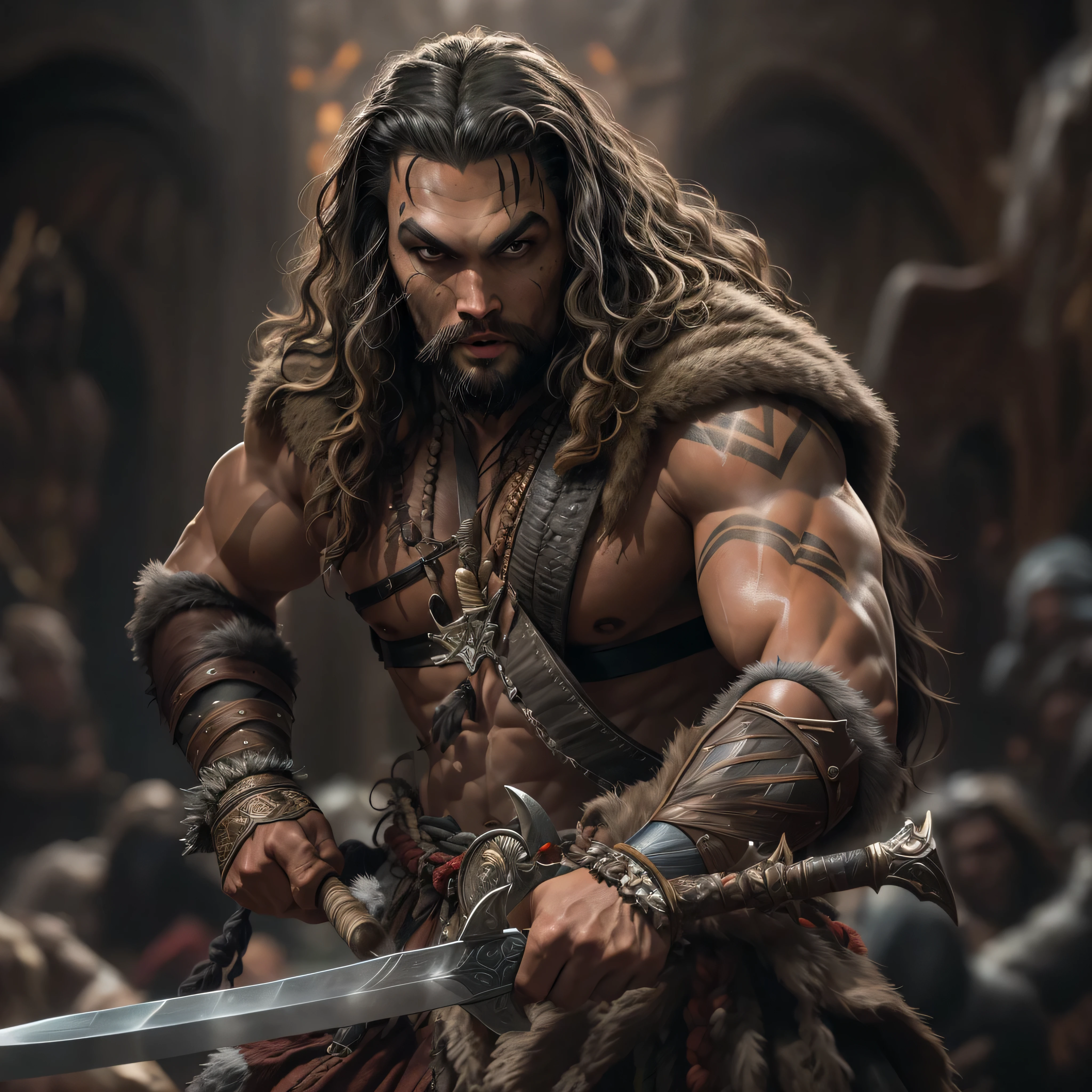 a photo of ((Jason Momoa)) as Conan the Barbarian from Marvel comics, barbarian sword, Intricate, High Detail, Sharp focus, dramatic, photorealistic digital art, photo-realistic, octane render, unreal engine, ultra-realistic