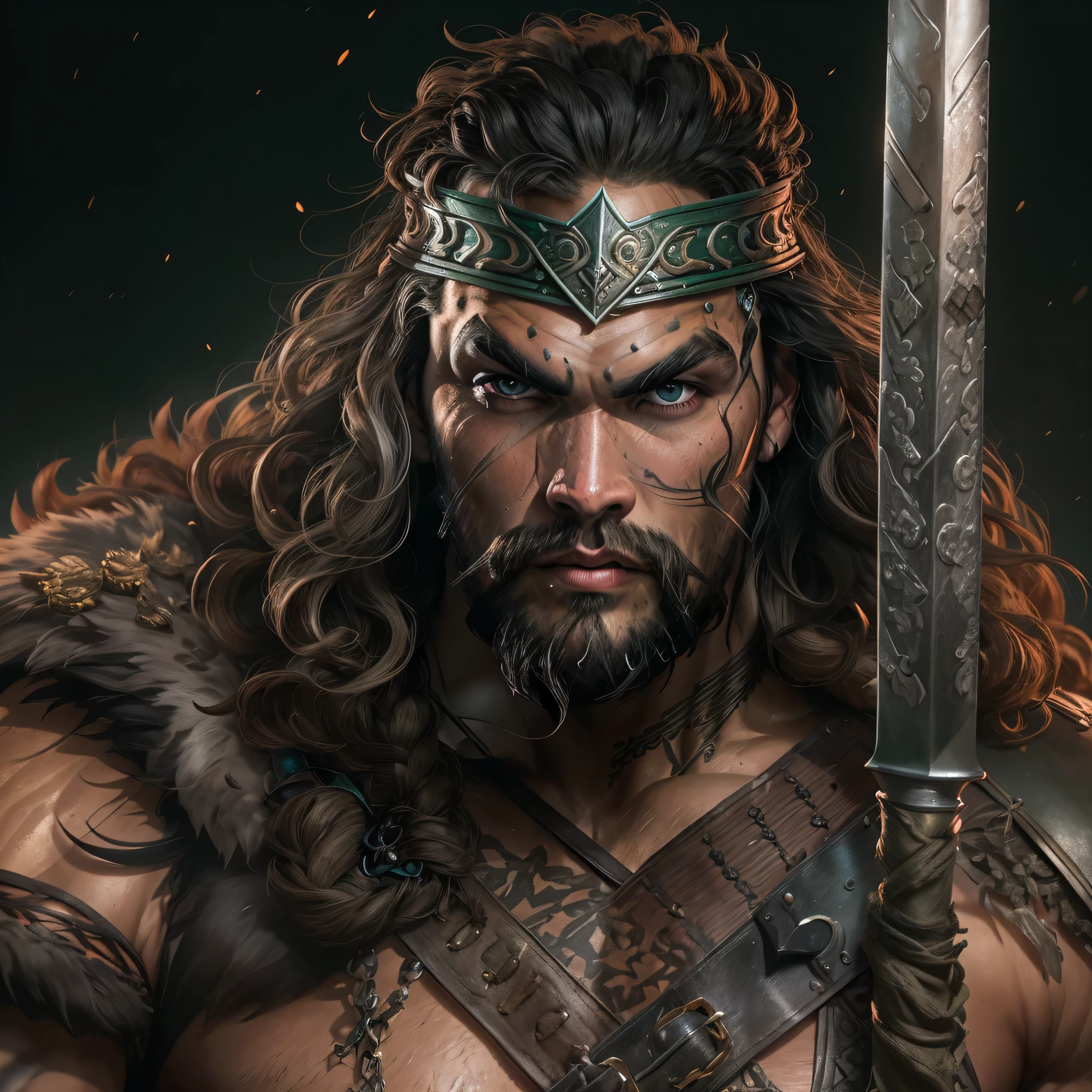 a photo of ((Jason Momoa)) as Conan the Barbarian from Marvel comics, barbarian sword, Intricate, High Detail, Sharp focus, dramatic, photorealistic digital art, photo-realistic, octane render, unreal engine, ultra-realistic