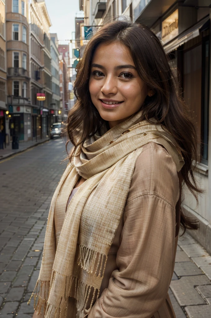 (best quality, highres, masterpiece:1.2),ultra-detailed,(realistic, photorealistic, photo-realistic:1.37),portrait,woman,city in the background,tan shawl,fully covered in drapes,flowing golden scarf,sweet smile,lovely look,rosy cheeks,brown skin,candid picture,beautiful face