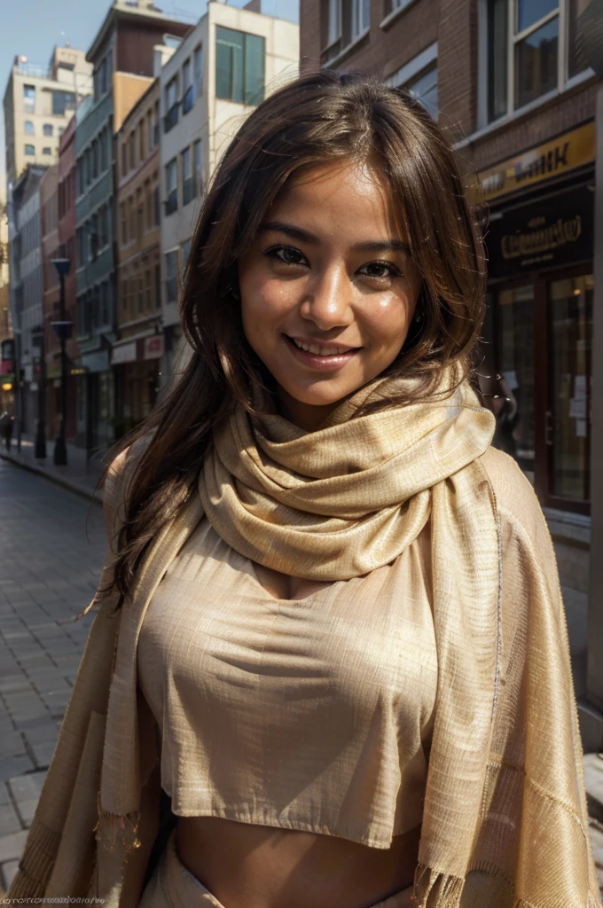(best quality, highres, masterpiece:1.2),ultra-detailed,(realistic, photorealistic, photo-realistic:1.37),portrait,woman,city in the background,tan shawl,fully covered in drapes,flowing golden scarf,sweet smile,lovely look,rosy cheeks,brown skin,candid picture,beautiful face