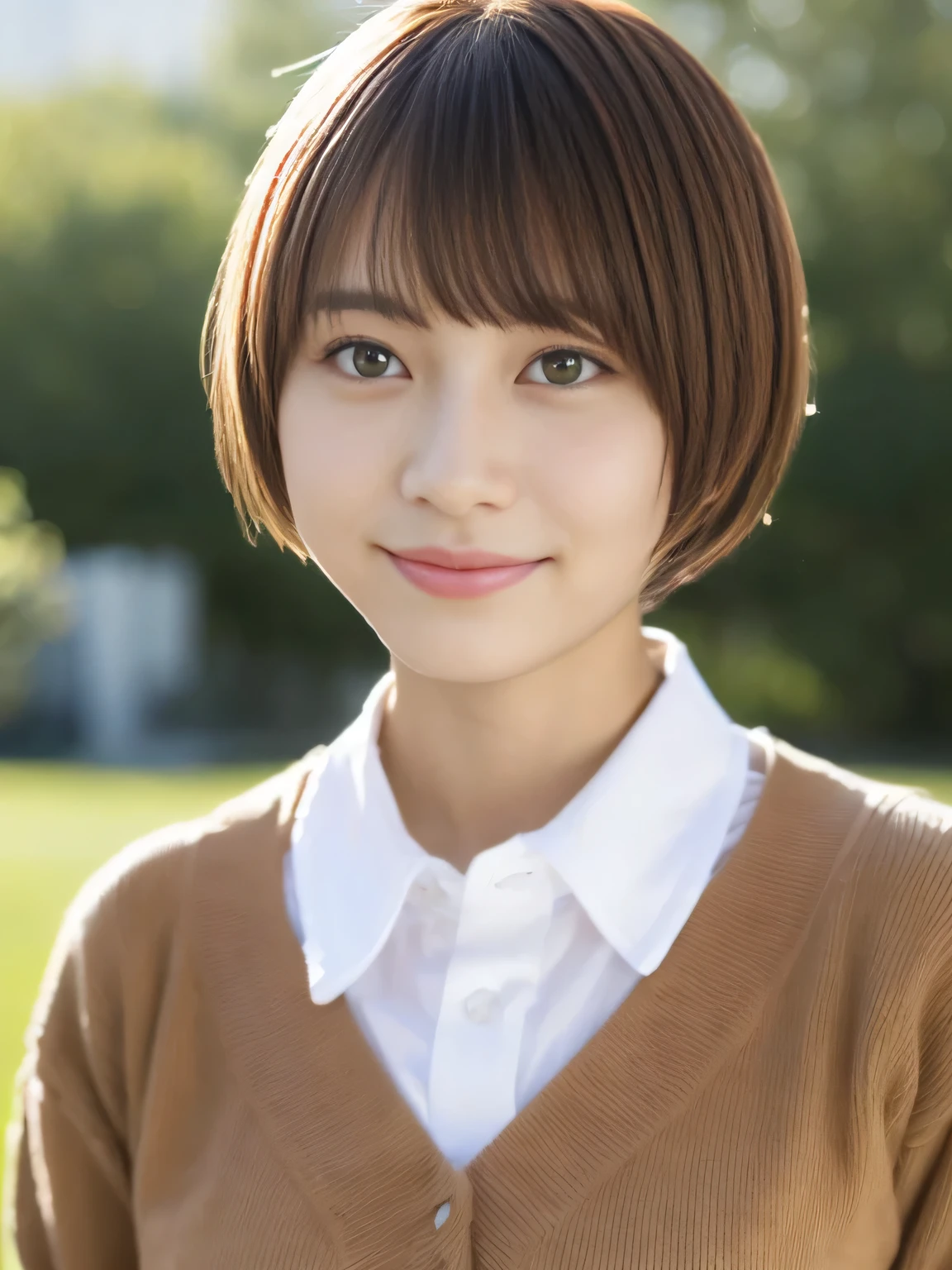 highest quality, face focus, soft light, ultra high resolution, (realistic:1.4), RAW photo, 16 year old girl in Japan, alone, cute, (shy smile:1), (brown eyes, slanted eyes, There's a light in my eyes), detailed beautiful face, (High resolution details of human skin texture), (short hair), sexy, slender body, high school girl, Uniform appearance, whole body, 目尻がキュッと上がったいわゆるslanted eyes, The corners of the eyes are higher than the inner corners of the eyes, looks like a strong will, eyes with bulging corners