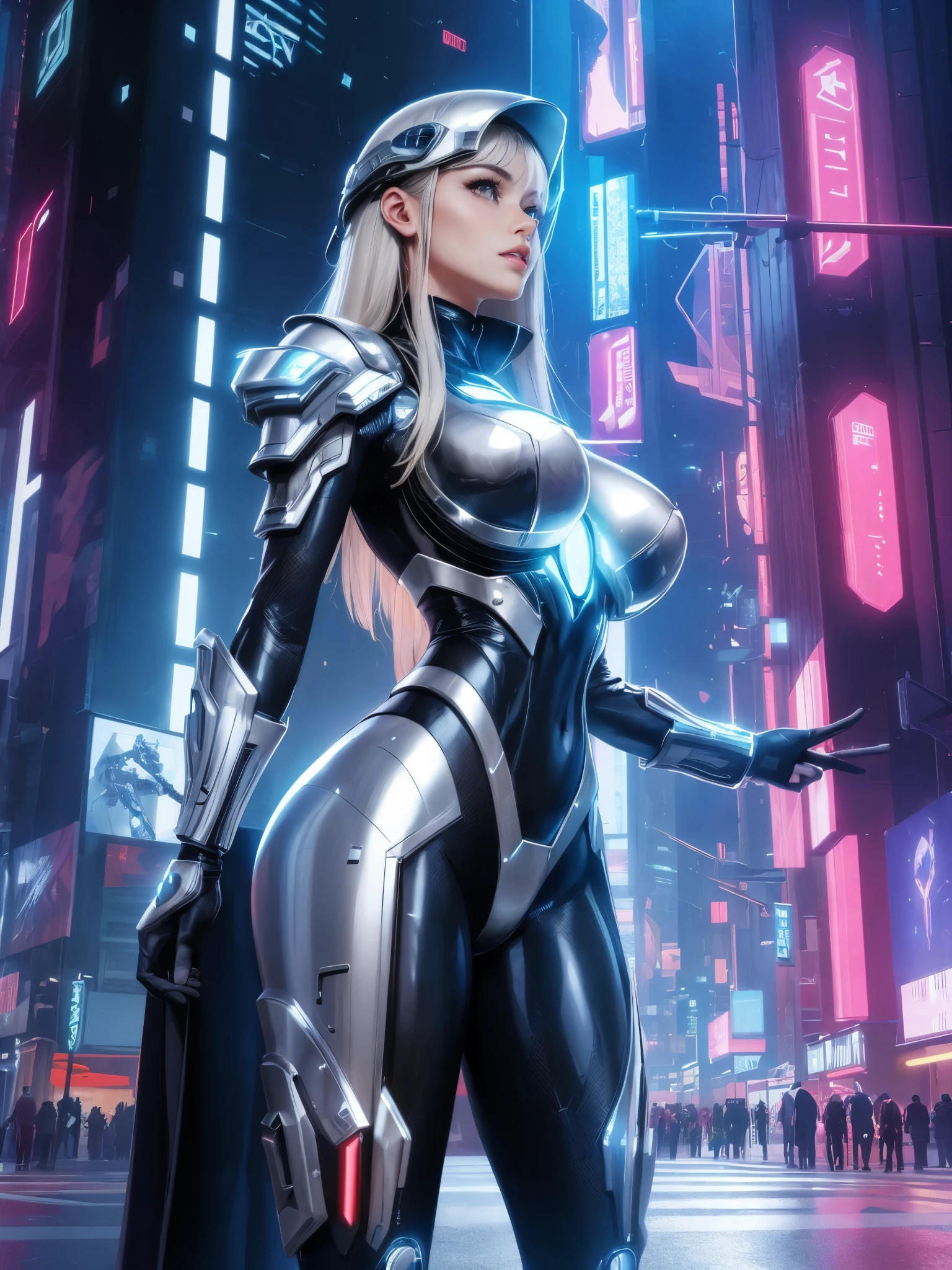 top quality, future world, State-of-the-art robot, Beautiful Woman, flying hair, (Transformed into a cyborg except for the face), sexy images, whole body photo, ((black Trench Coat, uncovered))