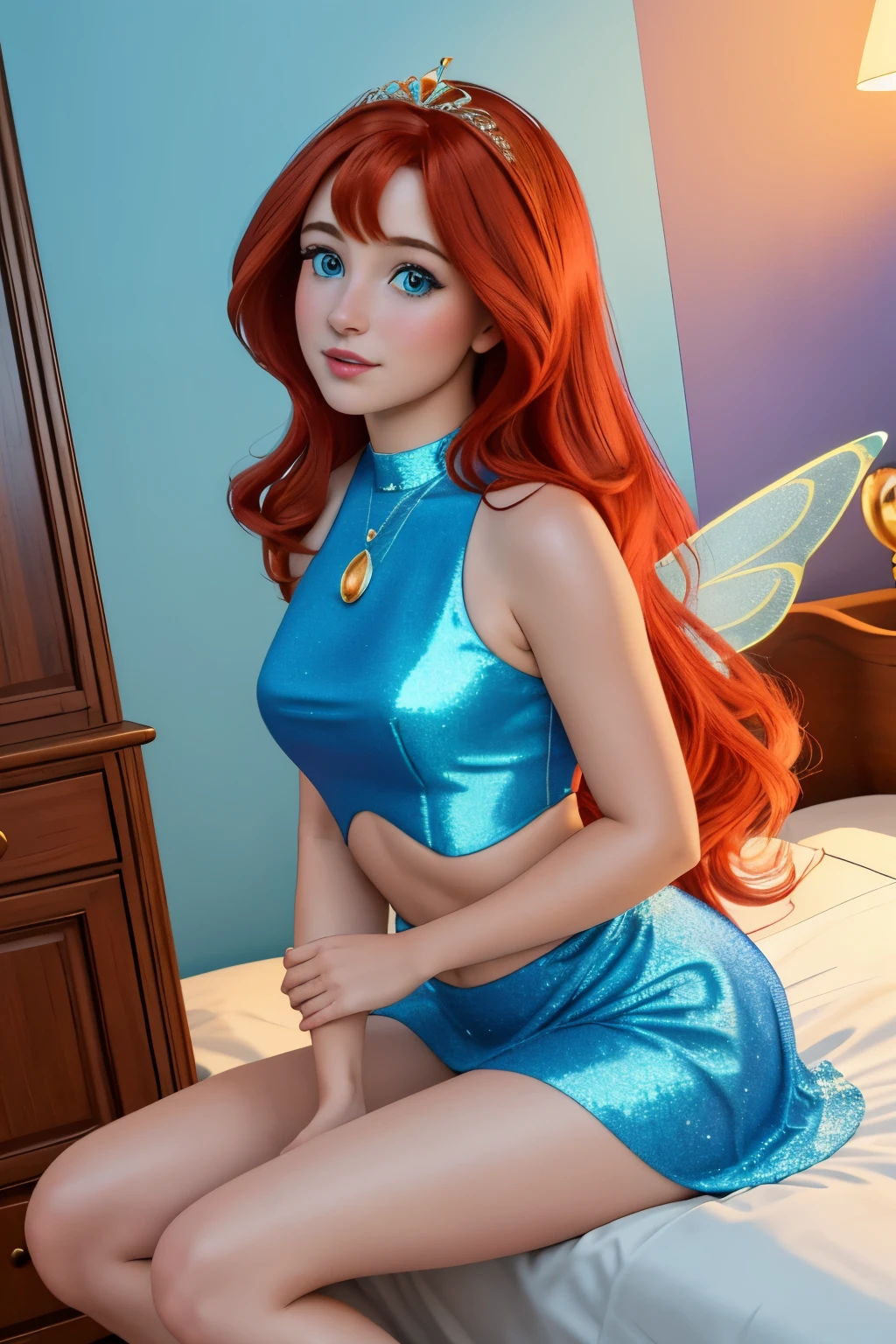 professional photo of Bloom, Fairy Outfit, red hair, blue croptop, sleeveless, blue skirt, sparkling clothing, wings, tiara, looking at viewer,
detailed skin, detailed eyes, finely detailed hair,
volumetric light, highrez, masterpiece, best quality,Bloom (Winx), in bedroom, vegina, adult photo, vegina, pussi,🍑
