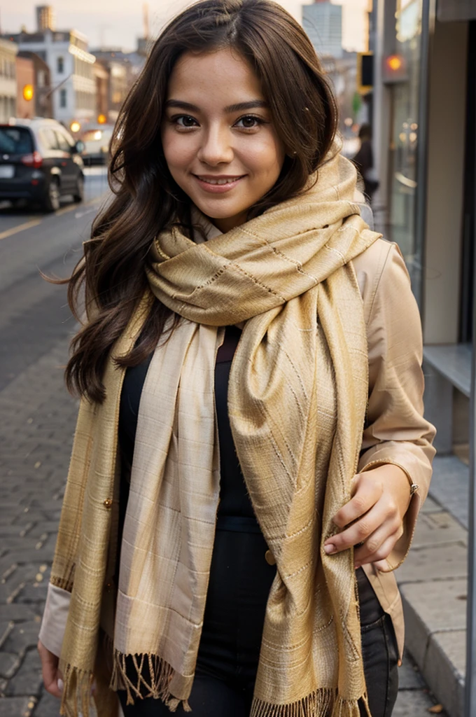woman, tan shawl, flowing golden scarf, sweet smile, lovely look, rosy cheeks, candid picture, beautiful face, city in the background