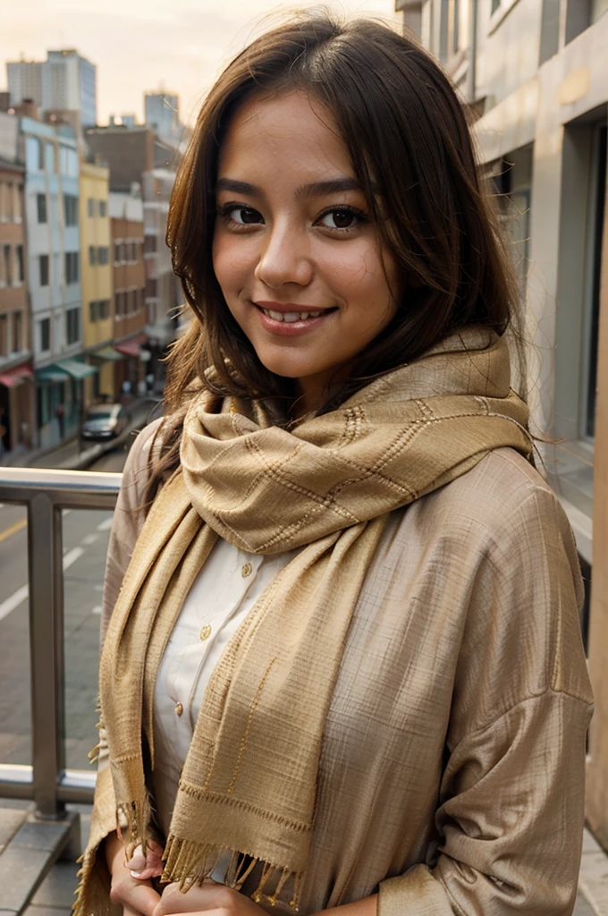 woman, tan shawl, flowing golden scarf, sweet smile, lovely look, rosy cheeks, candid picture, beautiful face, city in the background