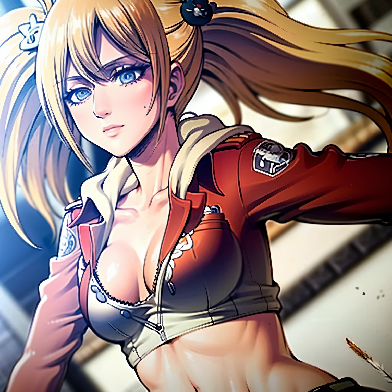 (bestquality, masterpiece), AnnieAOT, solo, hood, hoodie, paradis_military_uniform, jacket, uniform, big breasts, plump, perfect body, badge, feathers, sexy