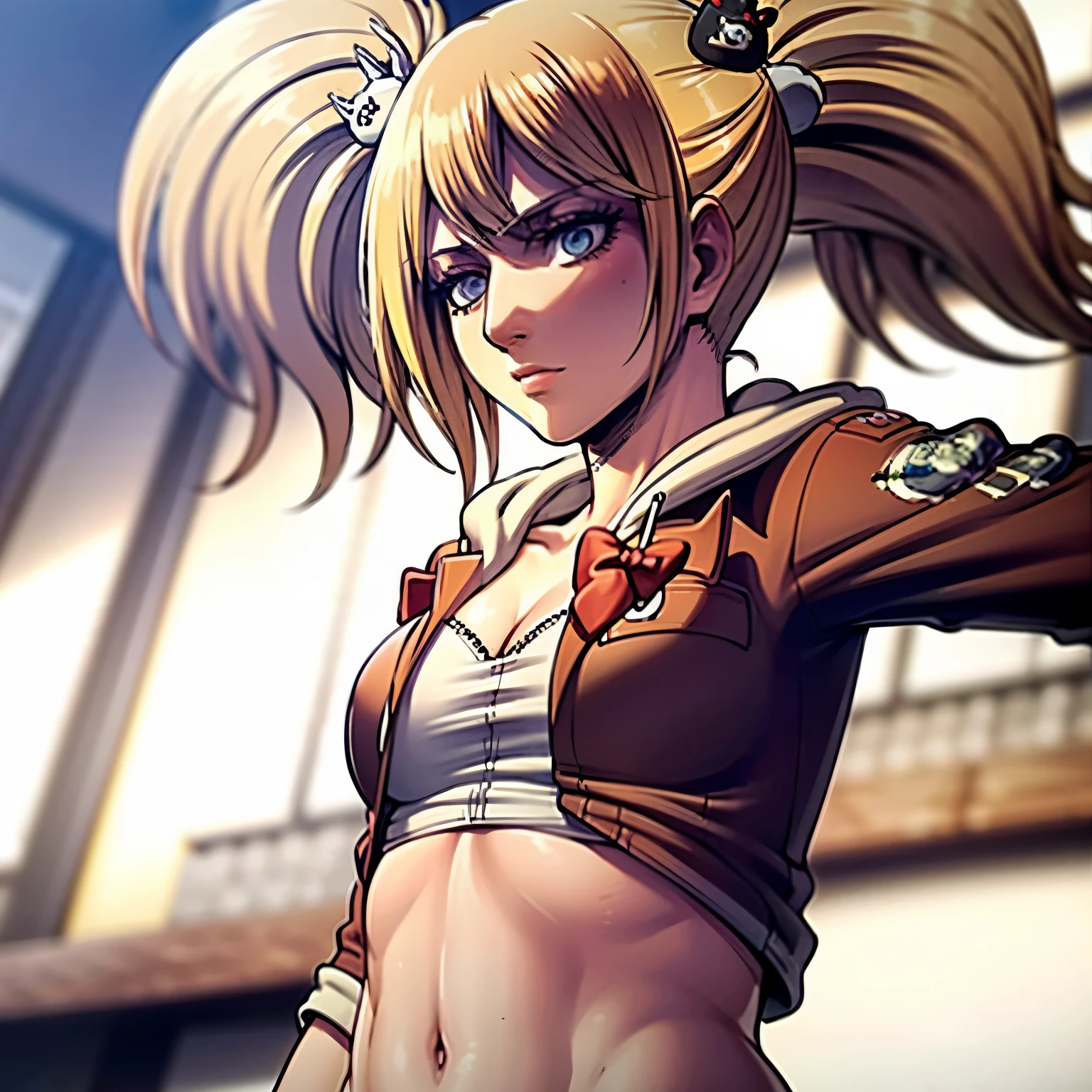 (bestquality, masterpiece), AnnieAOT, solo, hood, hoodie, paradis_military_uniform, jacket, uniform, big breasts, plump, perfect body, badge, feathers, sexy