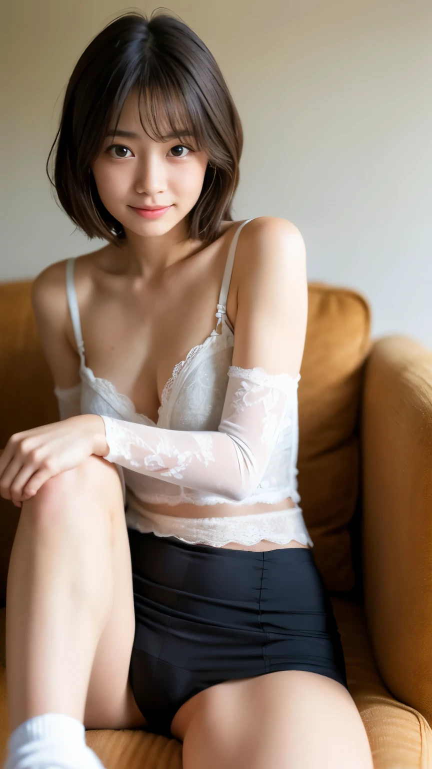 Best-quality, Masterpiece, Ultra-High-Resolution, (Photorealistic:1.4), Raw-Photo, 1girl, the most famous Japanese idol, -yeld, fafocus, sitting on luxurious-chair, extremely cute face like the most popular Japanese idol, ((extremely beautiful big-solid-circle-eyes)), extremely beautiful short-cut-haired, wearing only sexy-underwear, extremely beautiful skins, extremely beautiful short-body, innocent-smile, detailed sexy-underwear, detailed luxurious-chair
