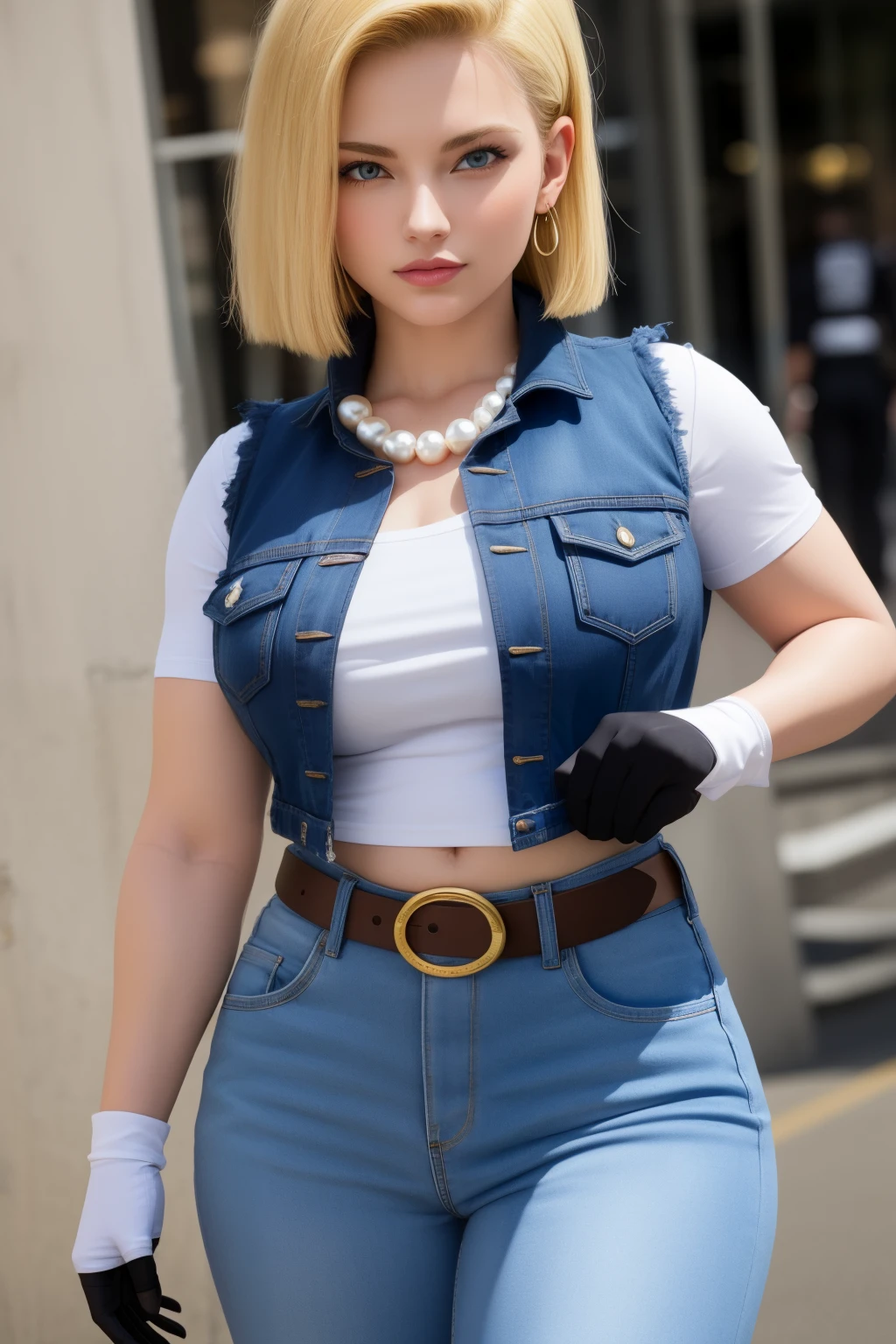 Top quality, size 18, 1 girl, android 18, solo, black vest, big breasts, cowboy shot, street, straight, blonde hair, blue eyes, belt, jeans, pearl necklace, bracelet, black gloves, white shirt, short Hair, short sleeves, earrings, open vest, black vest, big breasts, cowboy shot, street, straight, posing like a model,