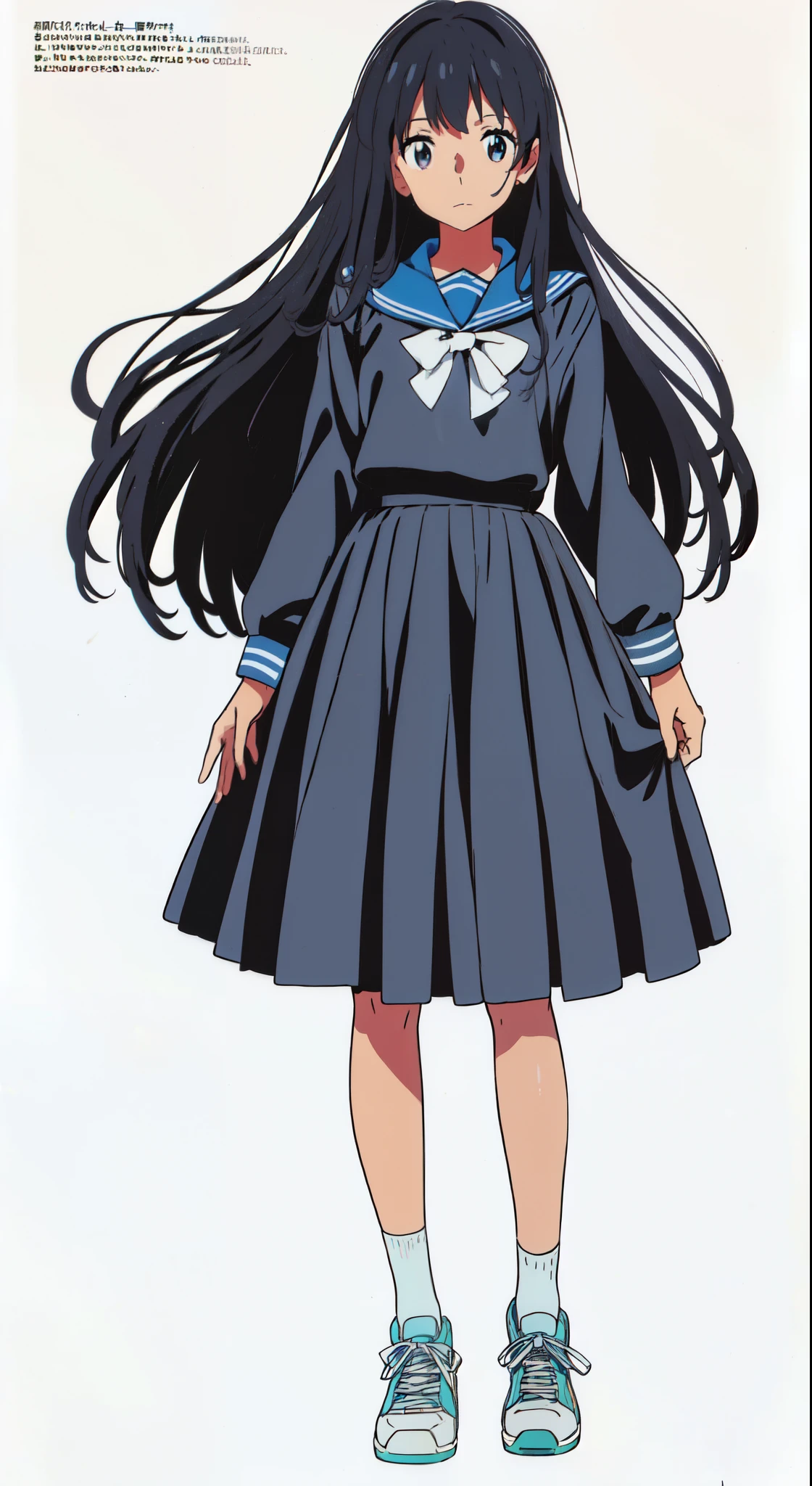 (best quality:1.0), (a 15yo cute girl:1.0), (white background:1.0), (best quality:1.0), (masterpiece:1.0), (super fine illustration:1.0), (beautiful artwork:1.0), (anime screencap:1.0), (official art:1.0), (full body:1.0), (solo:1.0), (a 15yo cute girl:1.0), (long skirt:1.0), (dark blue skirt:1.0), (pleated skirt:1.0), (dark blue sailor uniform:1.0), (long sleeve sailor uniform:1.0), (sneakers:1.0), (white socks:1.0), (ideal ratio body proportions:1.0), (lanky:1.0), (tall:1.0), (slender:1.0), (small breasts:1.0), (smaller face:1.0), (tareme:1.0), (detailed beautiful eyes:1.0), (detailed beautiful face:1.0), (glowing black eyes:1.0), (medium hair:1.0), (black hair:1.0), (standing:1.0), (looking at viewer:1.0)