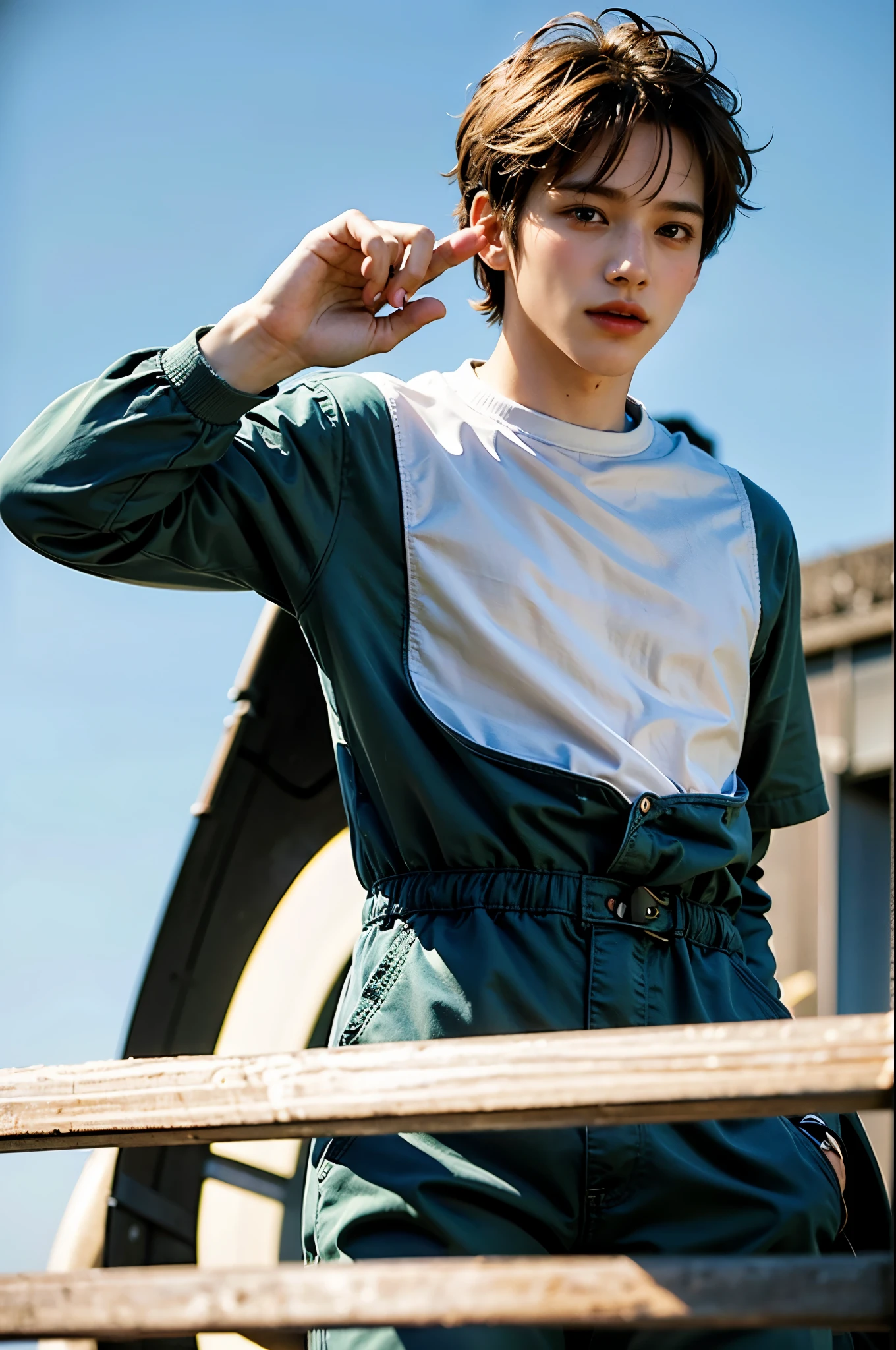 (masterpiece:1.3),(best quality:1.2),8k,absurdres,(extremely detailed:1.3),highestres,(1boy:1.2),portrait, ,shirt, short hair, very short hair green eyes, realistic, pores