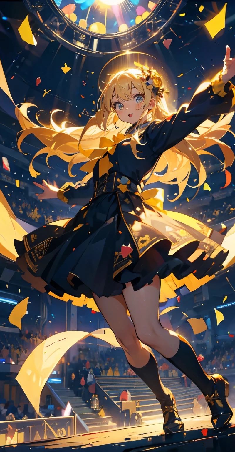 (muste piece), (best quality), very detailed, ((1 girl)), solo full body shot，Low - Angle，dynamic，jump，((happy face))，perfect face, beautiful face, very detailedな顔，(blonde long hair_yellow eyes:1.3)，idol costume，Solo Idol，Ribbon hair ornament，concert dome，live，have a microphone，singing，Smiling with mouth wide open，Laser Light，confetti