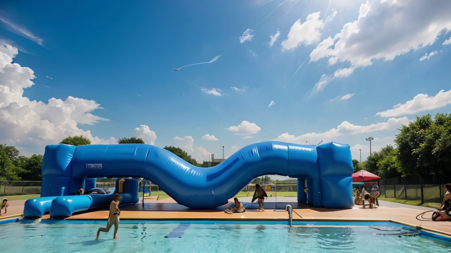 extreme water park, the park games with inflatables, the park games are huge, the park is installed in the middle of a city
