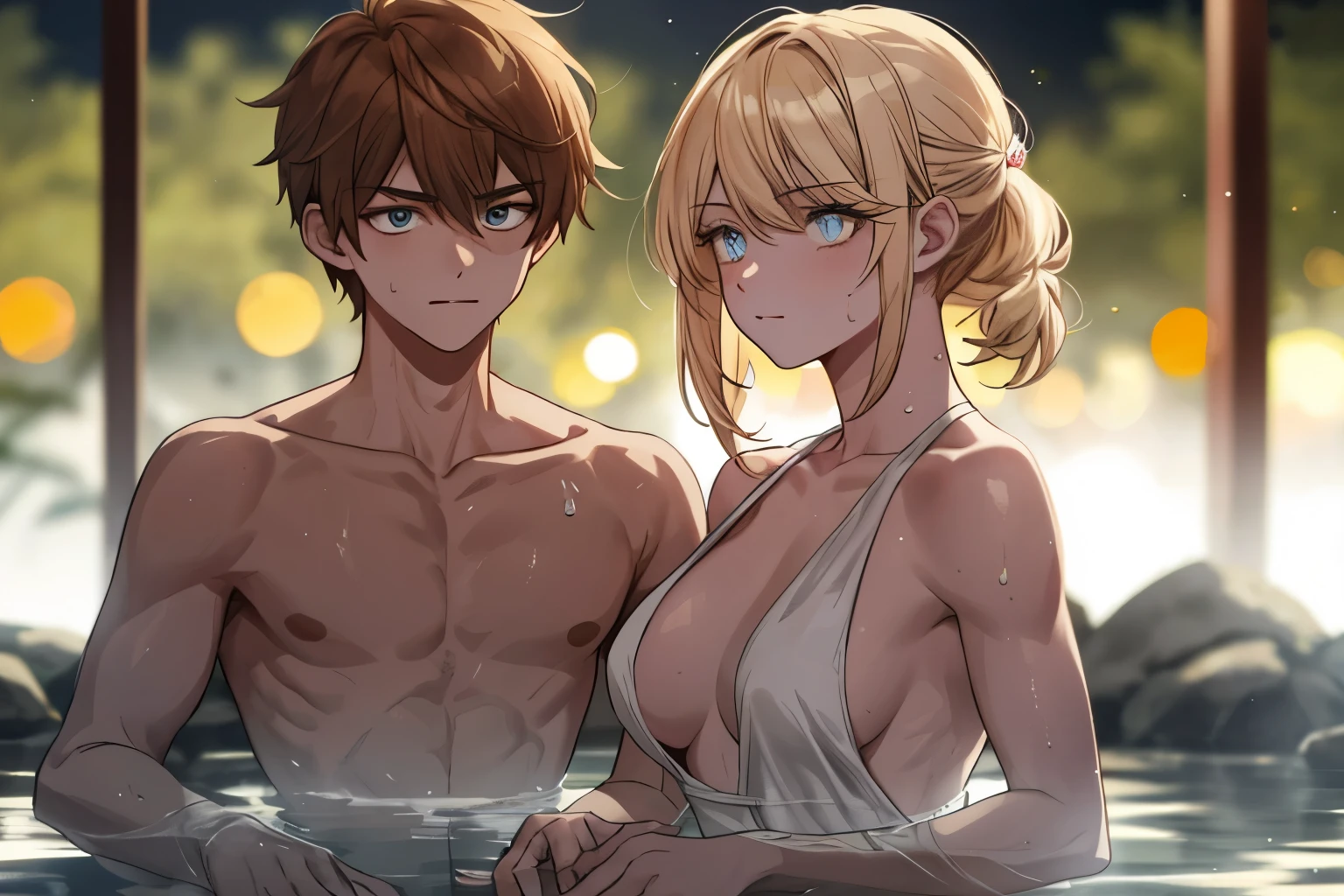 A boy and a girl, Naked, completly , The boy has a muscular feeling,Girls blonde with big breasts are dressed revealingly， Handsome, Outdoor, bathing with steam, hot onsen, Onsen, Sweat,  view the viewer, Depth of field, Bokeh,  Detailed background, Detailed lighting, diffused natural sunlight, diffused natural skin glow, symetrical eyes
