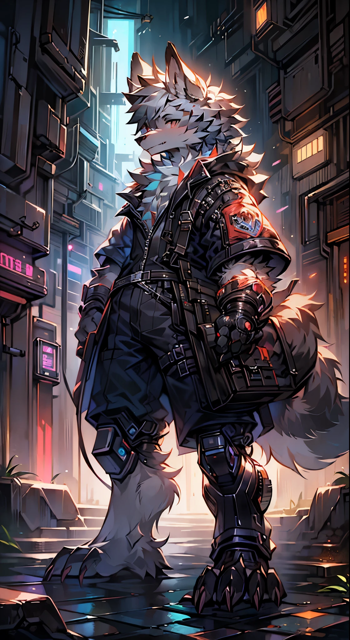 young ((cyber ninja)) bad guy with short beard, ((solo, alone)), ((wearing black military boots)), ((small waist)), ((long abdomen)), viewed from below, ((multicolor prismatic color palette)), has body hair, ((dark tanned skin)), short cropped white hair, ((has wolf ears)), ((has wolf tail)), wearing skintight black pants low on his hips showing lower abdomen, tight clothing, shirtless, has glowing blue eyes, covered in tattoos, wearing bandana and leather wrist bands