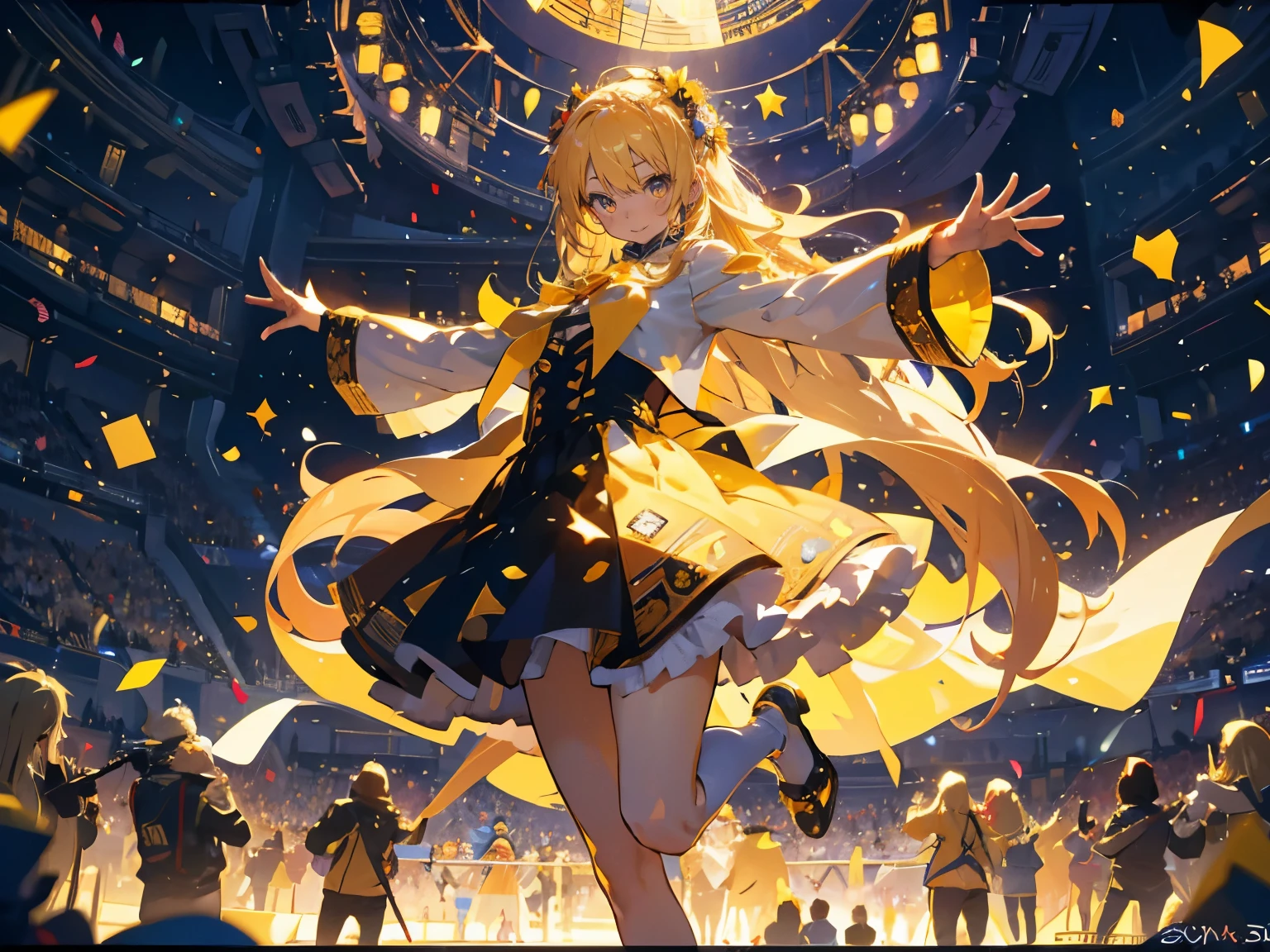 (muste piece), (best quality), very detailed, ((1 girl)), solo full body shot,Low - Angle,dynamic,jump,((happy face)),perfect face, beautiful face, very detailedな顔,(blonde long hair_yellow eyes:1.3),idol costume,Solo Idol,Ribbon hair ornament,concert dome,live,have a microphone,singing,Smiling with mouth wide open,Laser Light,confetti