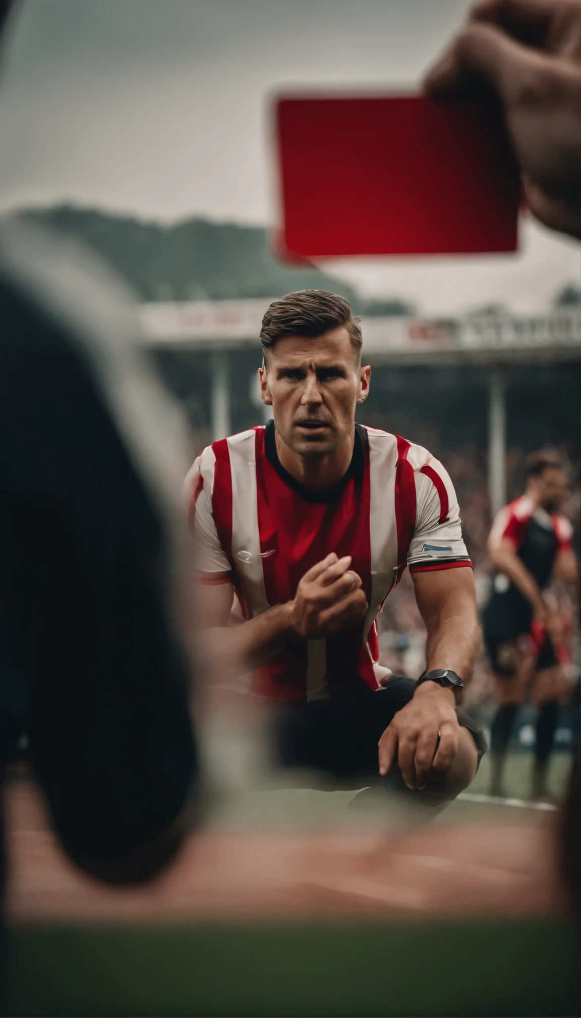 Capturing the intense moment as the referee shows a red card to a football player, signaling their expulsion from the game.
