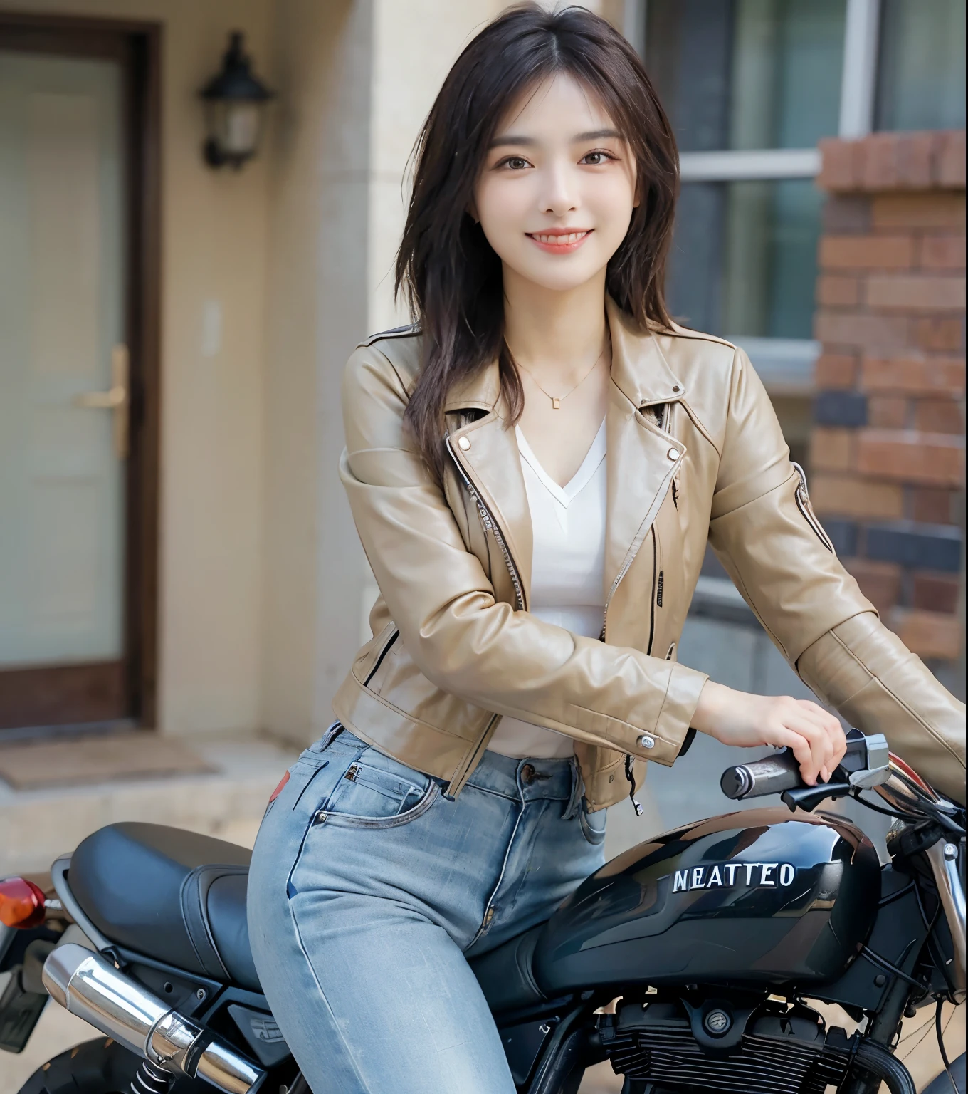 ((best quality)), ((masterpiece)), ((perfect face))、（Detailed Motorcycle）、Detailed and clear photos、((Motorcycle Women))、slender body、((Khaki riding jacket and leather pants))、smile、((posing next to a motorcycle))
