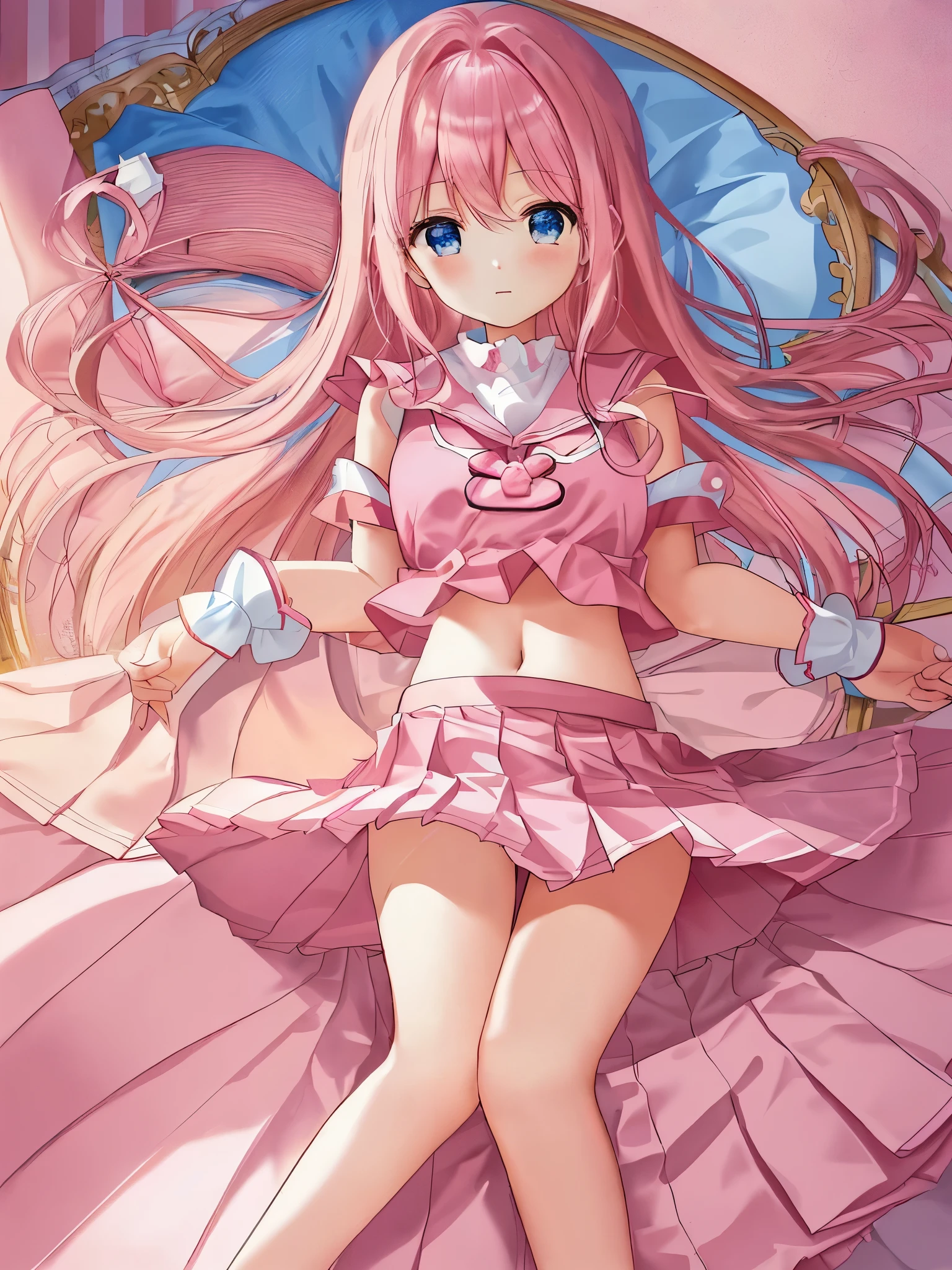 beautiful illustrations、highest quality、cute、Bedroom、pink haired、hair length、(((pink pleated skirt)))、(((pink sailor suit)))、short sleeve、big breasts、belly button、Flipping up the skirt with your hands、Show white panties、Please lift up your skirt and show me your panties.、barefoot、blue eyes、on the bed、nice thighs、Shining thighs