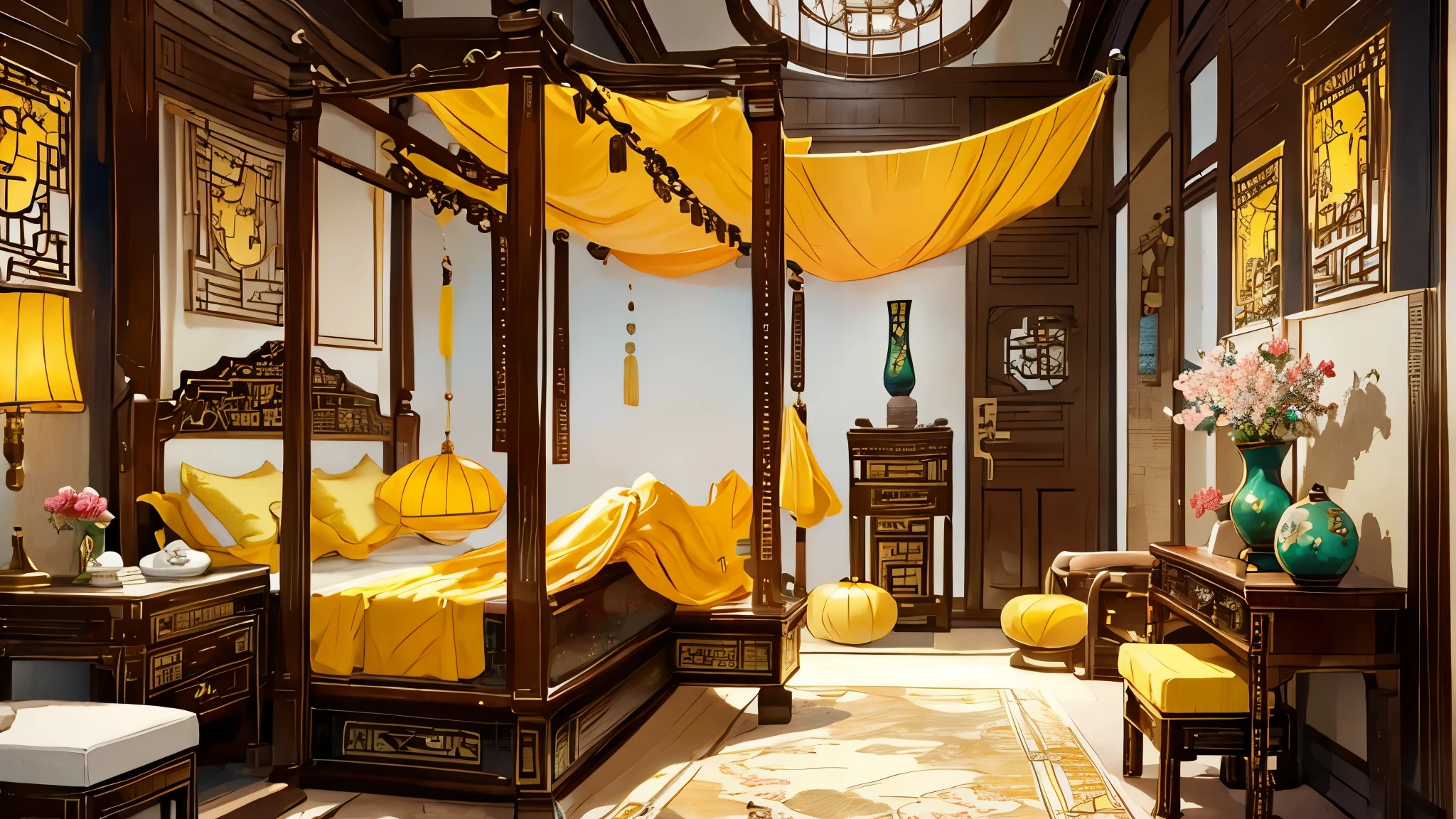 (masterpiece, best quality, highres, ultra-detailed), chinese style, a yellow bedroom, grand bed, silk canopy, embroidered fabrics, side tables, flower, porcelain vases, plush carpets, antique interior design, Chinese home furnishings, spacious and airy chamber, heavenly lanterns, intricate details, detailed interior, no humans, xianxia illustration, elegance atmosphere, serenity, no humans, view from afar