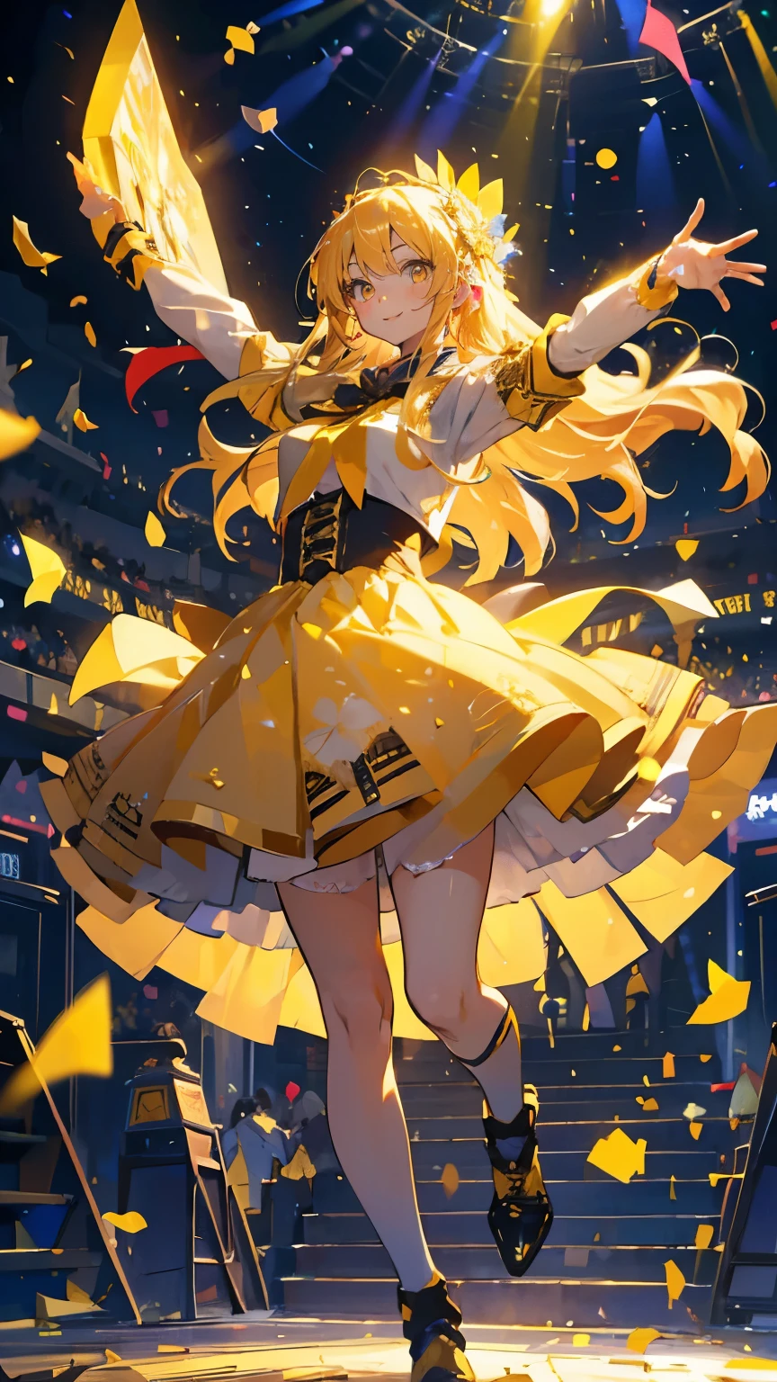 (muste piece), (best quality), very detailed, ((1 girl)), solo full body shot，Low - Angle，dynamic，jump，((A big smile))，perfect face, beautiful face, very detailedな顔，(blonde long hair_yellow eyes:1.3)，idol costume，Solo Idol，Ribbon hair ornament，concert dome，live，have a microphone，singing，Smiling with mouth wide open，Laser Light，confetti