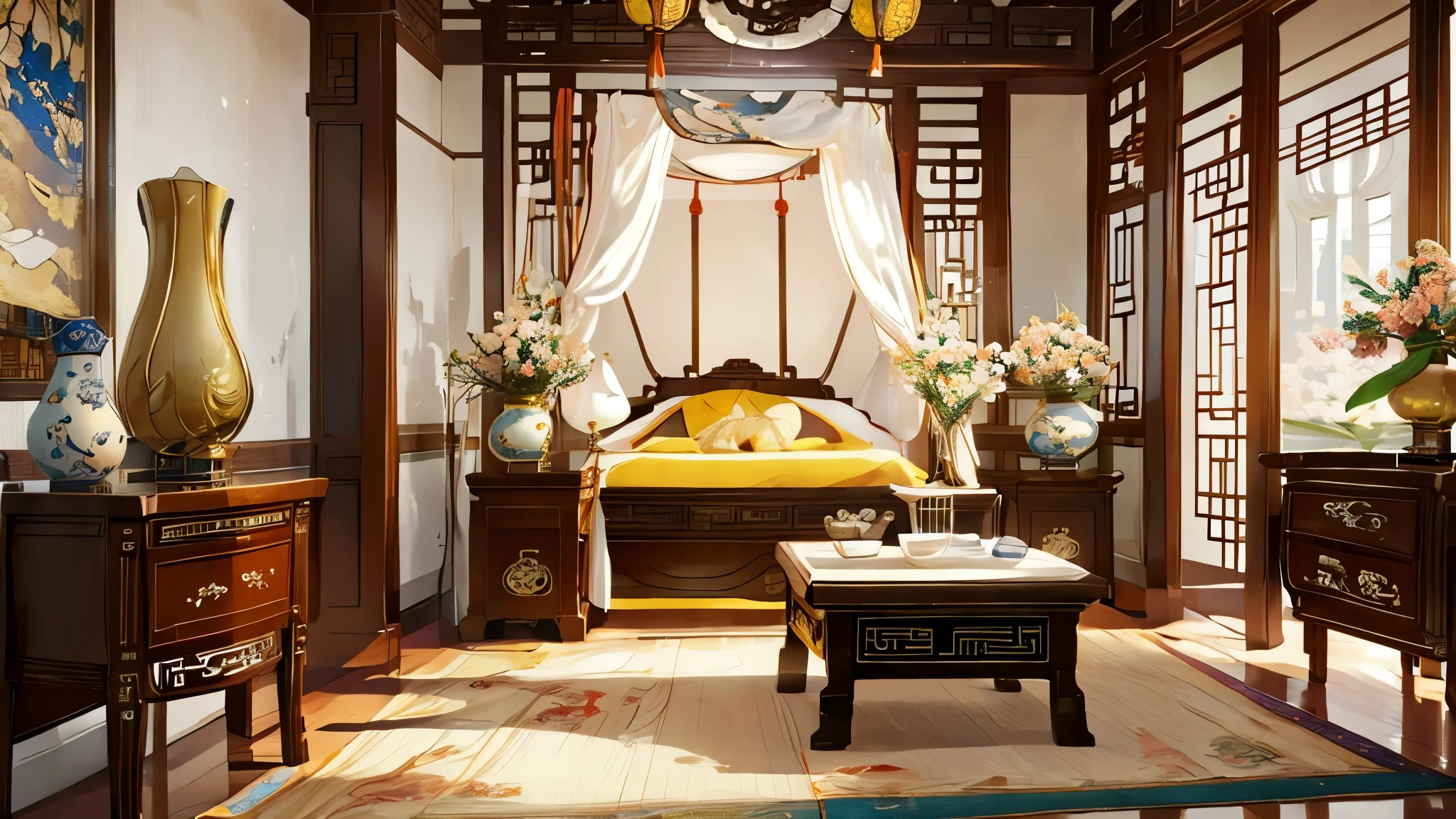 (masterpiece, best quality, highres, ultra-detailed), chinese style, a yellow bedroom, grand bed, silk canopy, embroidered fabrics, side tables, flower, porcelain vases, plush carpets, antique interior design, Chinese home furnishings, spacious and airy chamber, heavenly lanterns, intricate details, detailed interior, no humans, xianxia illustration, elegance atmosphere, serenity, no humans, view from afar