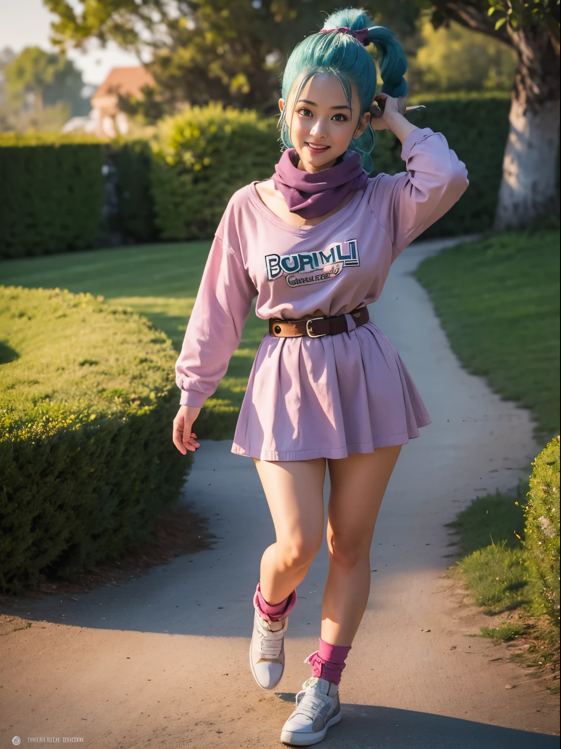 (masterpiece, best quality:1.4), (full body:1.5), (dynamic pose:1.2), (standing:1.5), (from front:1.5), 1girl, solo, looking at viewer, beautifull smile, big smile, (european youth:1), dragon ball, blmpony, (aqua hair:1), hair ribbon, braided ponytail, pink shirt, belt, scarf, pink skirt, clothes writing, (brown gloves:1), medium breasts, solo, beautiful face, highly detailed face, highly detailed skin, highly detailed eyes, skin pores, subsurface scattering, realistic pupils, medium breast, full face blush, full lips, detailed background, depth of field, volumetric lighting, sharp focus, absurdres, realistic proportions, good anatomy, (realistic, hyperrealistic:1.4), 16k hdr,Bulma (Dragonball), necked, vegina, pussi, bedroom